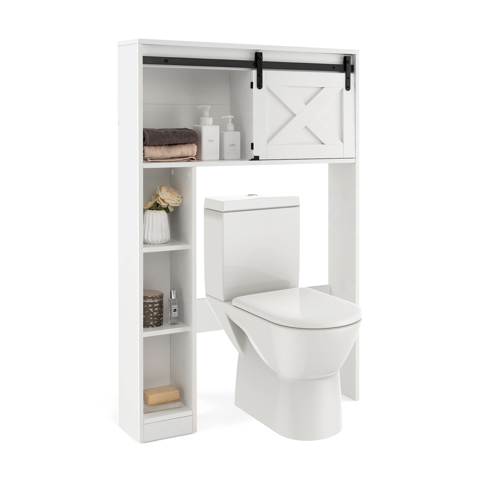 SUGIFT 4-Tier Over The Toilet Storage Cabinet Sliding Barn Door & Storage Shelves 154-lb Top Capacity White/Rustic Brown