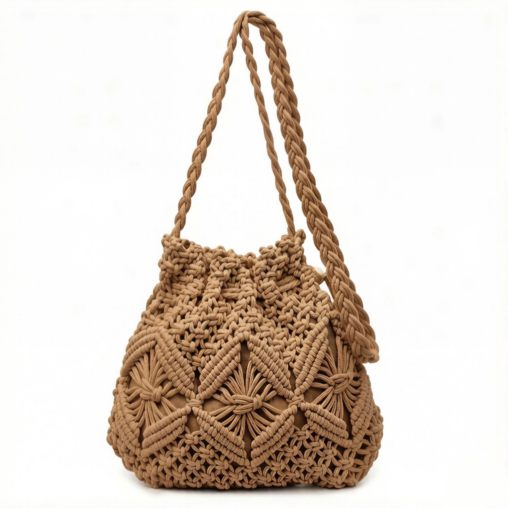Alilang Women's Macrame Bucket Bag Knotted Rope Handbag Drawstring Shoulder Textured Woven Crossbody Style Purse