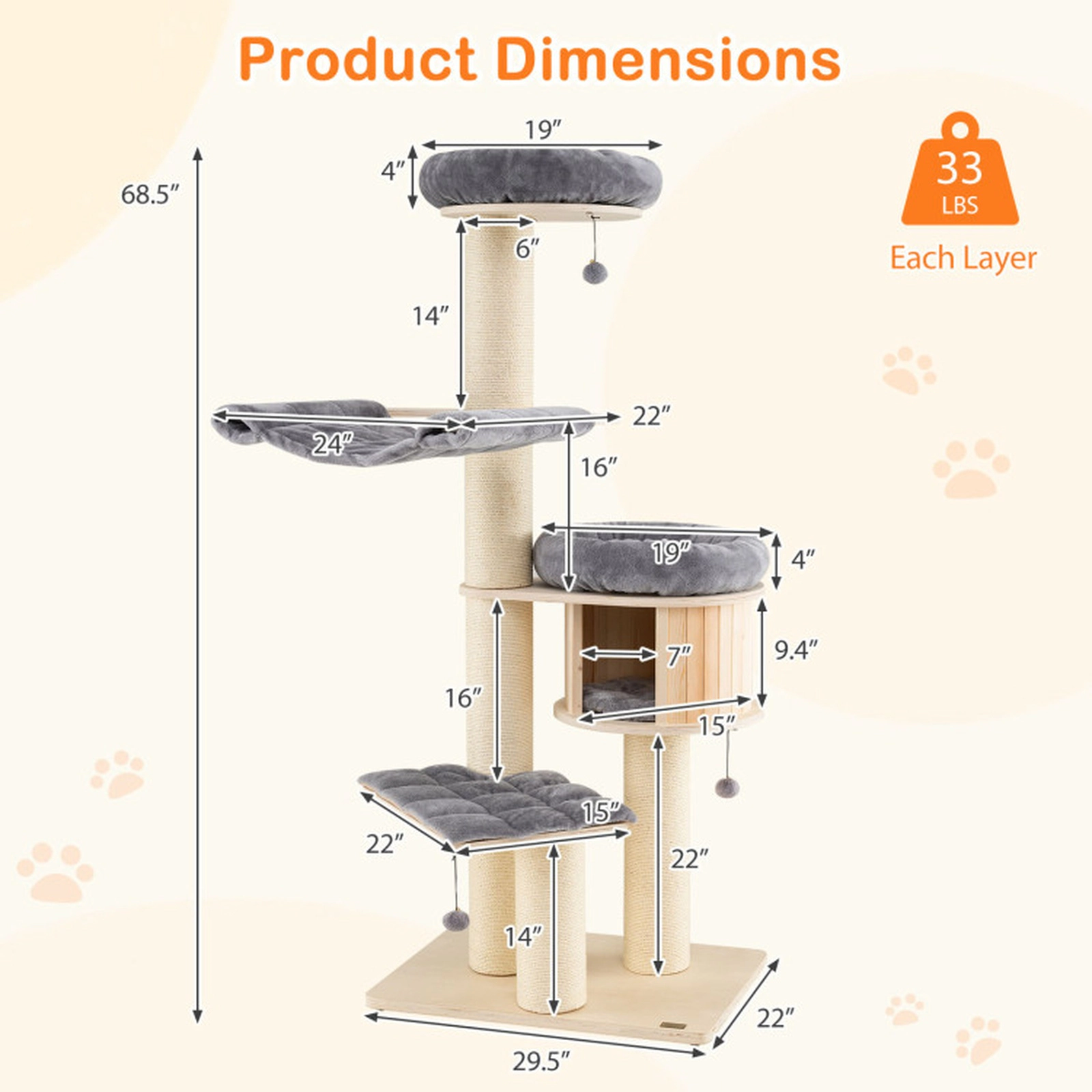 SUGIFT 68.5 4-Layer Wooden Cat Tree with Condo Ladder and Dangling Balls