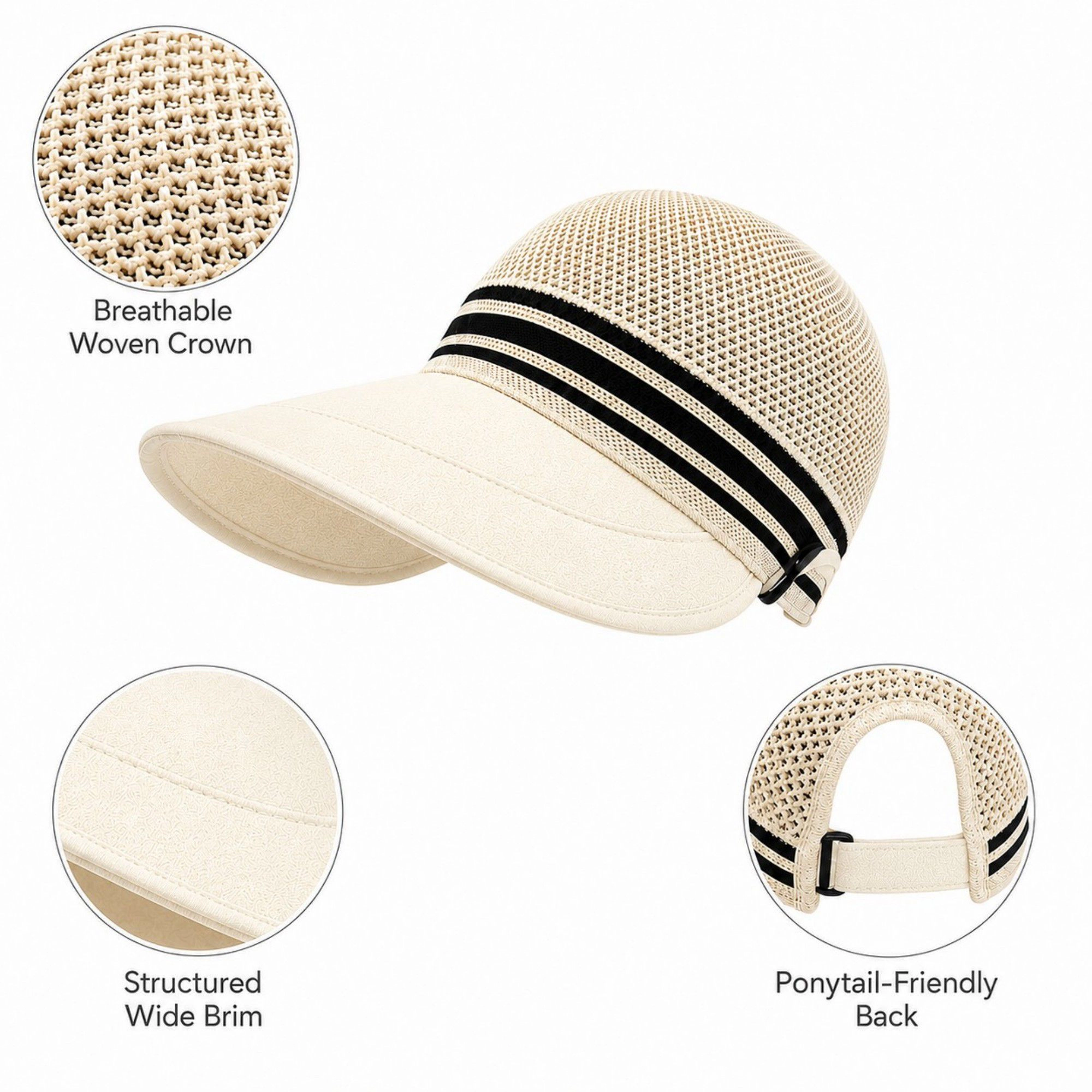 Alilang Women's Woven Wide Brim Visor Hat with Striped Band Mesh Crown Adjustable Back Strap