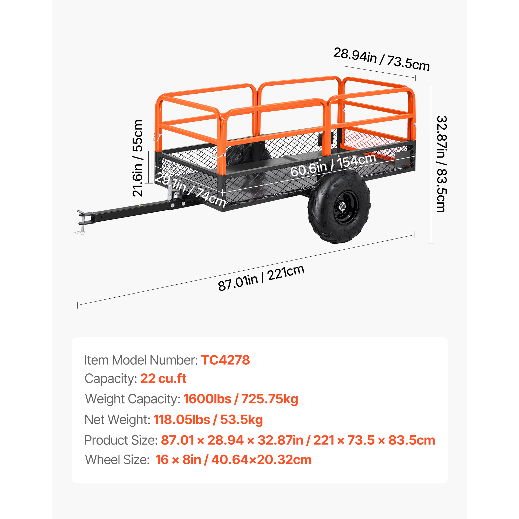 HONGGE Heavy-Duty Steel ATV Utility Trailer, 1600 lb Capacity, 22 Cu. Ft. Dump Trailer for Tractors & Mowers