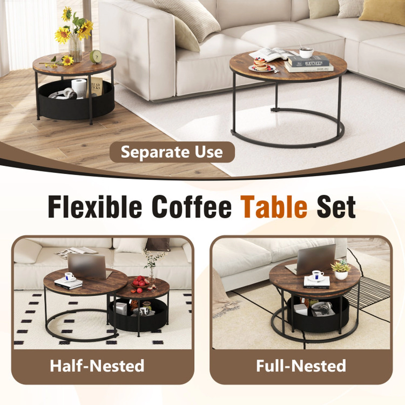 SUGIFT Set of 2 Round Nesting Removable Storage Basket Coffee Tables 31.5-in Dia x 19-in H 110-lb Capacity Brown