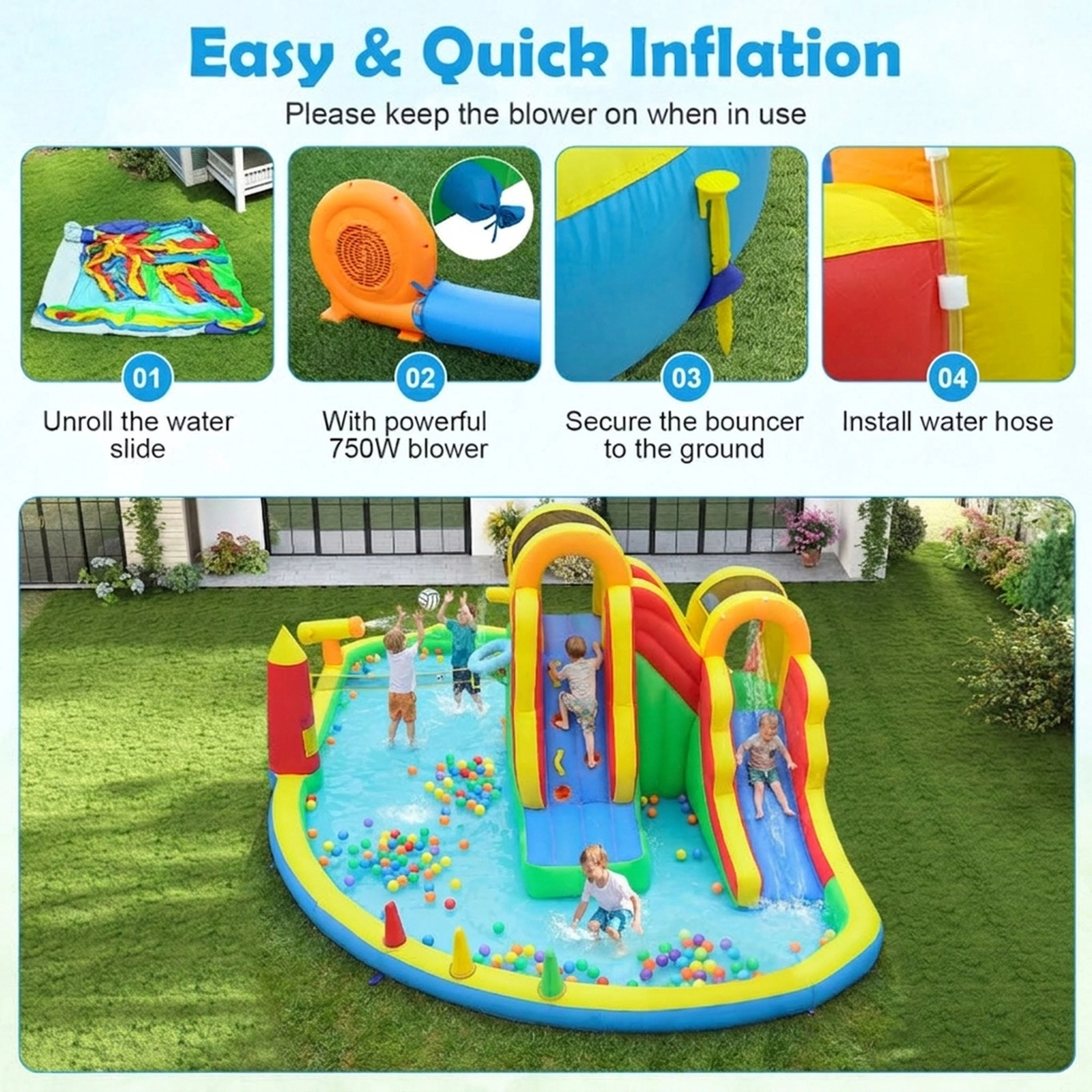 SUGIFT Kids Multicolor 8-in-1 Giant Bounce House with 2 Long Slides and 750W Blower 258.5-in W 100-lb Per Child