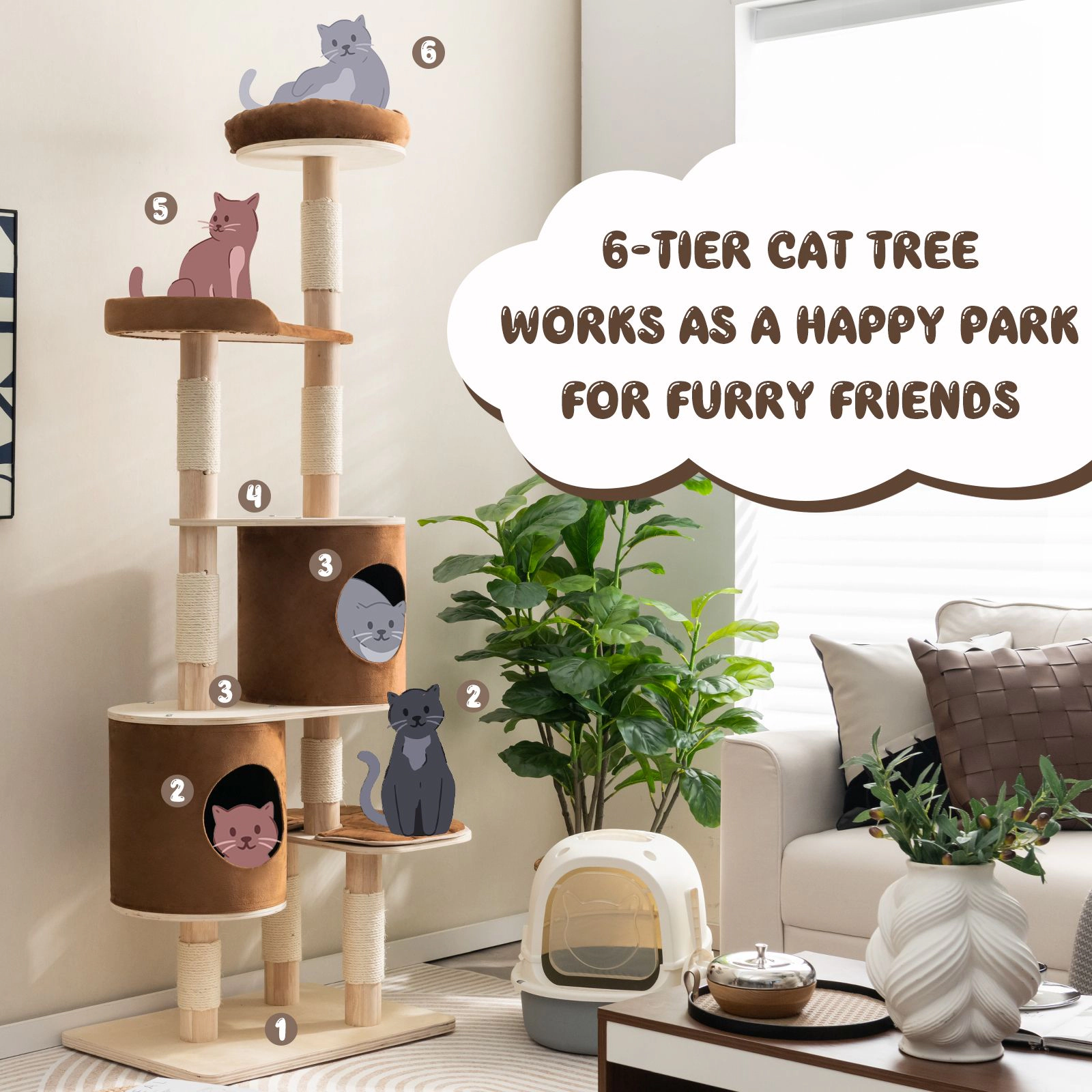 SlickBlue 75" Tall Cat Tree with 2 Condos, Platforms and Sisal Posts