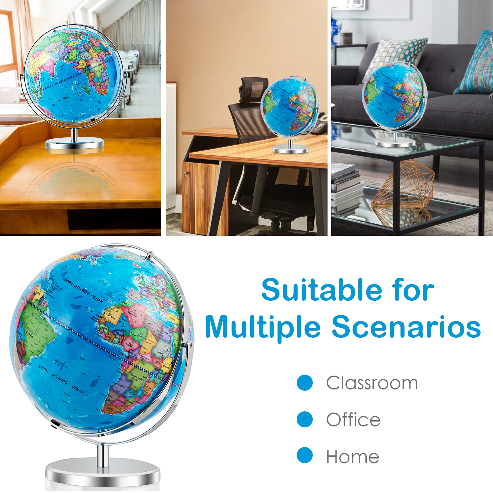 SUGIFT Kids 720-Degree Rotating LED Light Chrome Base World Globe 13-in Diameter 16-in Height 2.51-lb Net Weight Blue