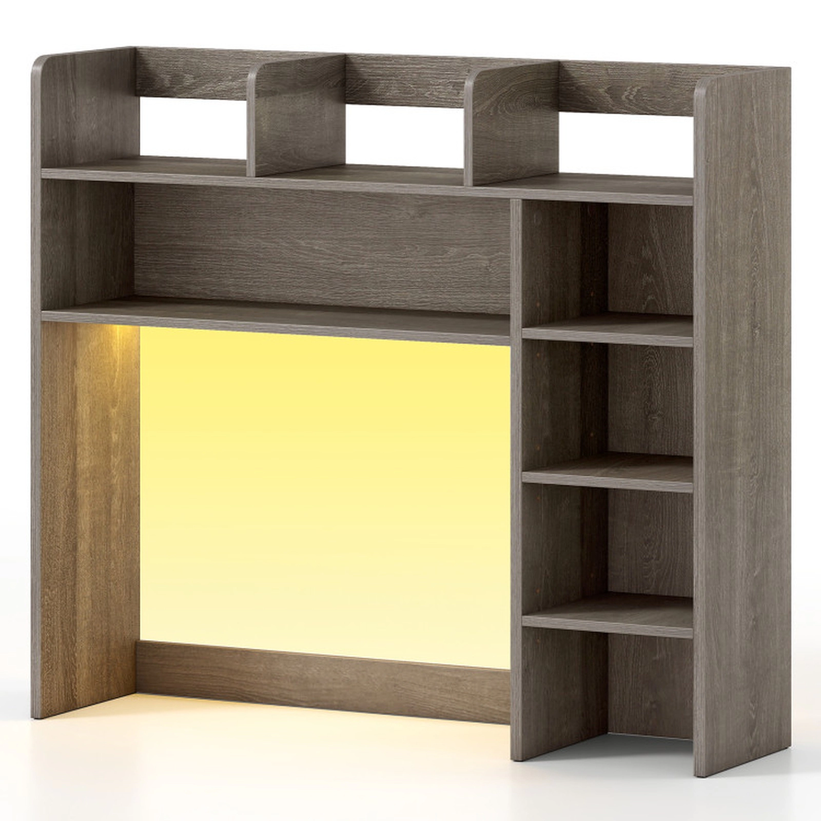SUGIFT Desktop Bookshelf with RGB LED Lights Desk Hutch Organizer 35.5-in Wide 100-lb Top Shelf Capacity Oak