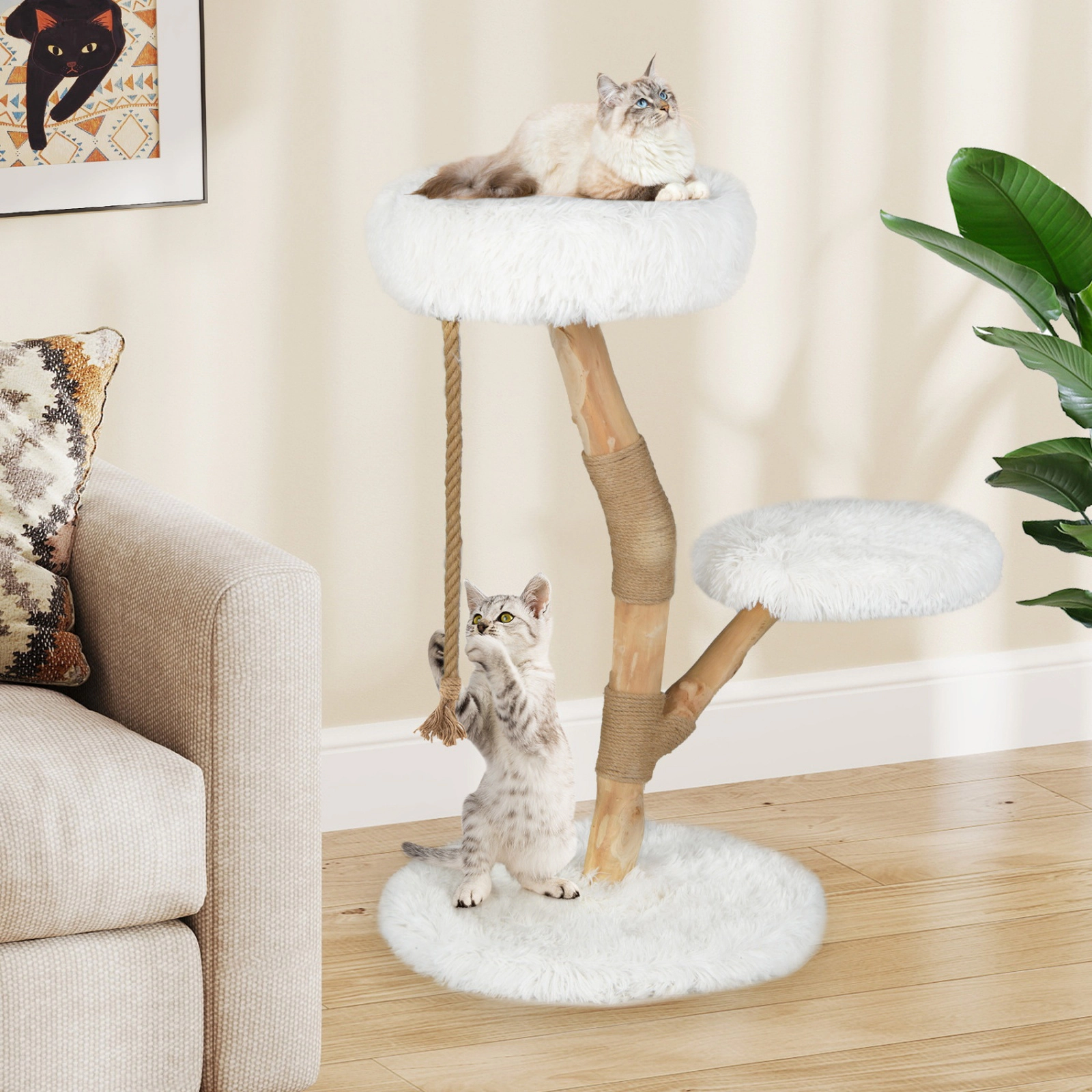 SUGIFT 35.5-in Tall Modern Wooden Cat Tree with 16-in Top Perch Jute Scratching Posts and Anti-Tip Device