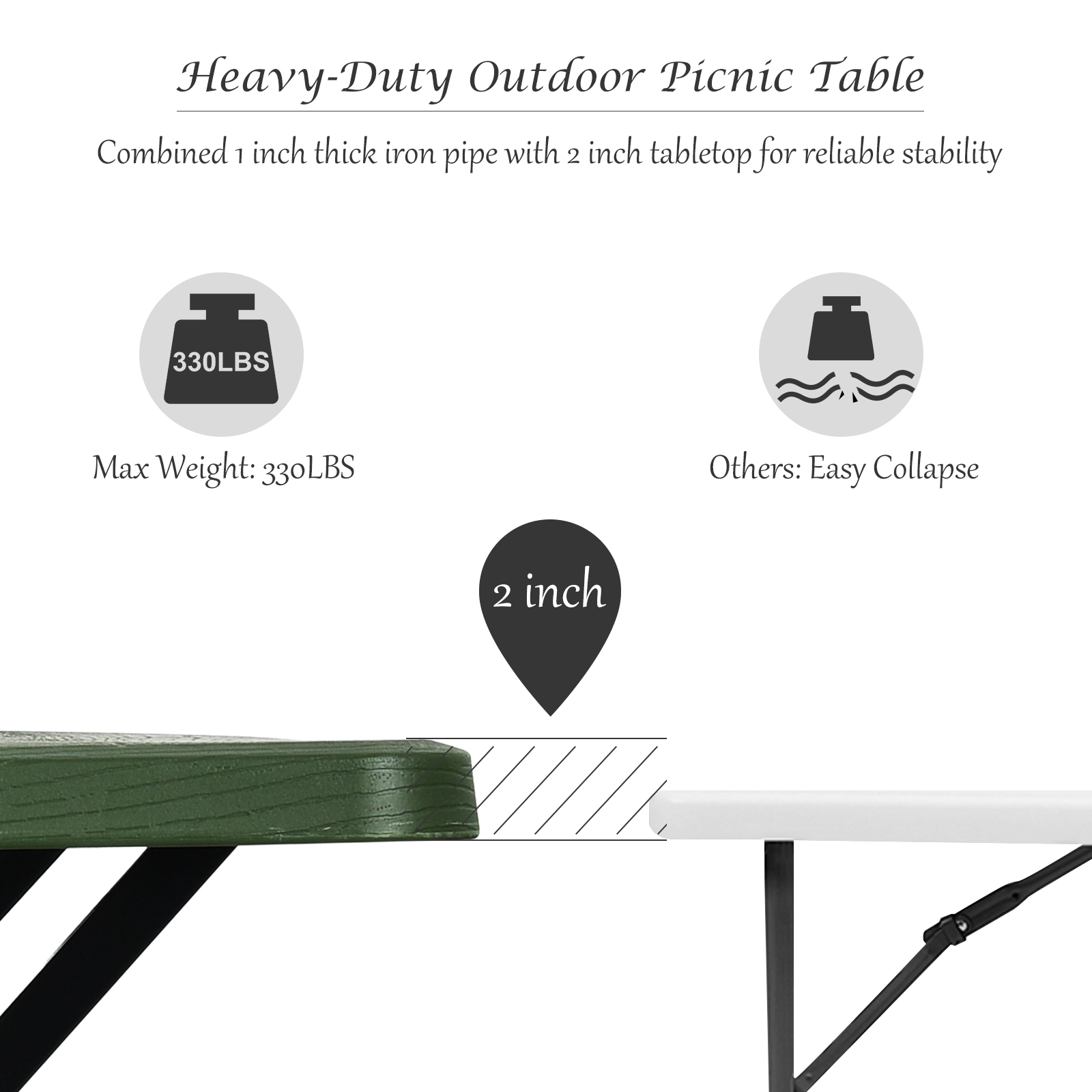 SUGIFT HDPE Outdoor Picnic Dining Bench Set with Metal Frame 330-lb Table 440-lb Benches Green
