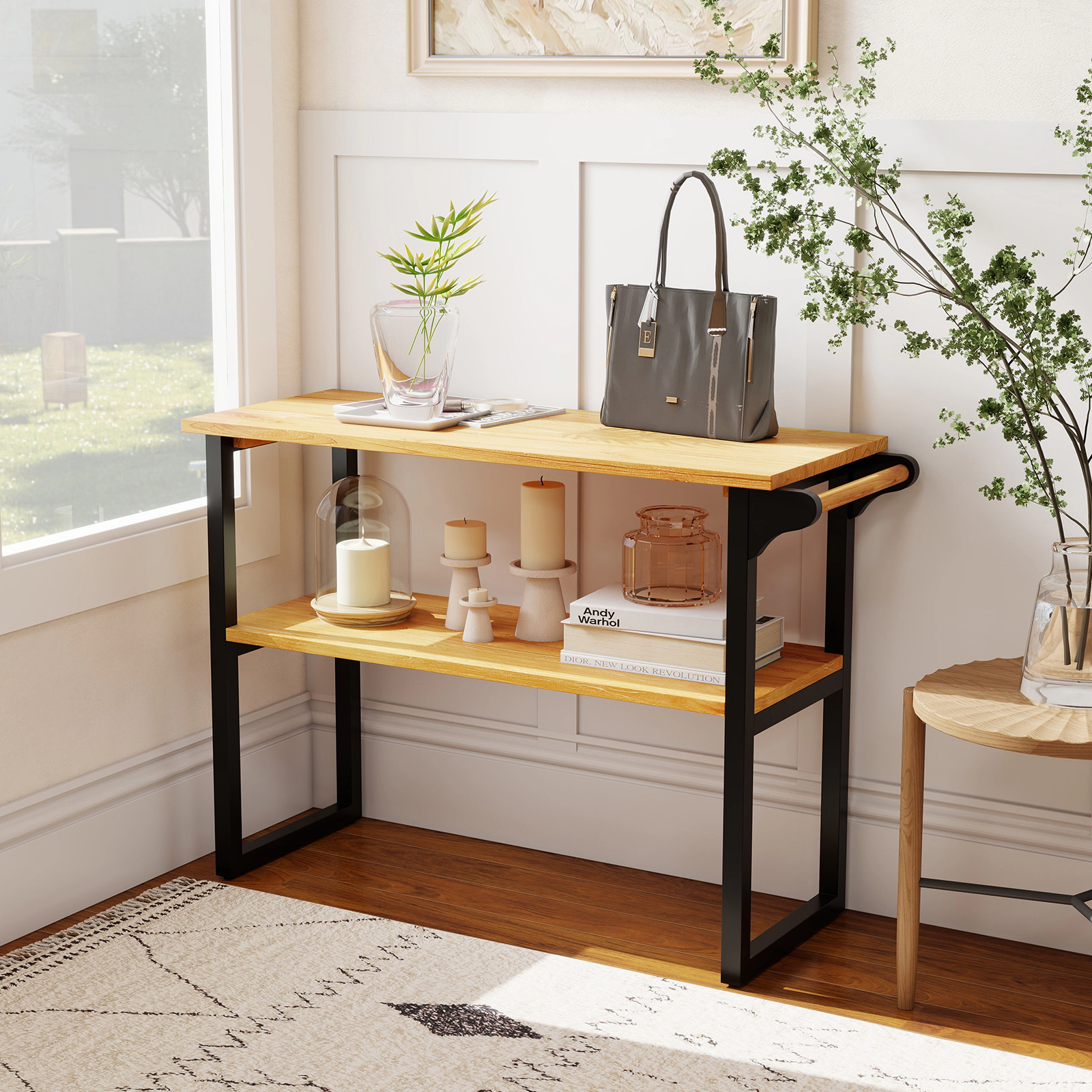 Slickblue Freestanding Bathroom Shelf with Towel Holder 2 Tier Storage Wood Rack Unit