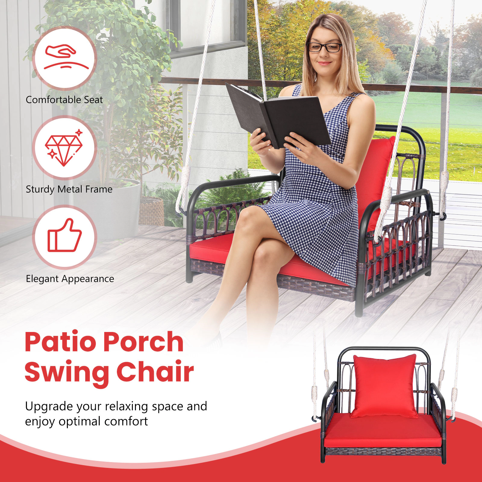 LJG Patio Rattan Porch Swing Hammock Chair with Seat Cushion