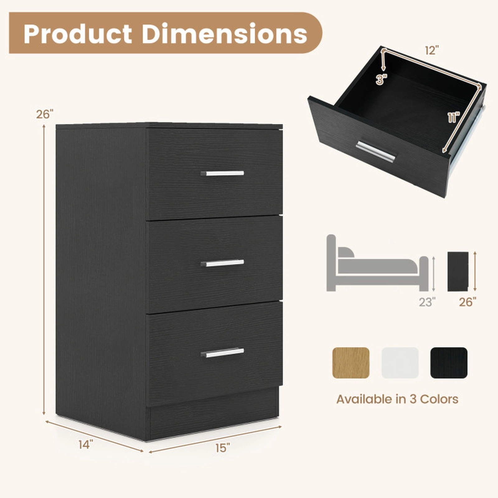 SUGIFT Set of 2 Black Nightstands with Charging Stations and 3 Drawers