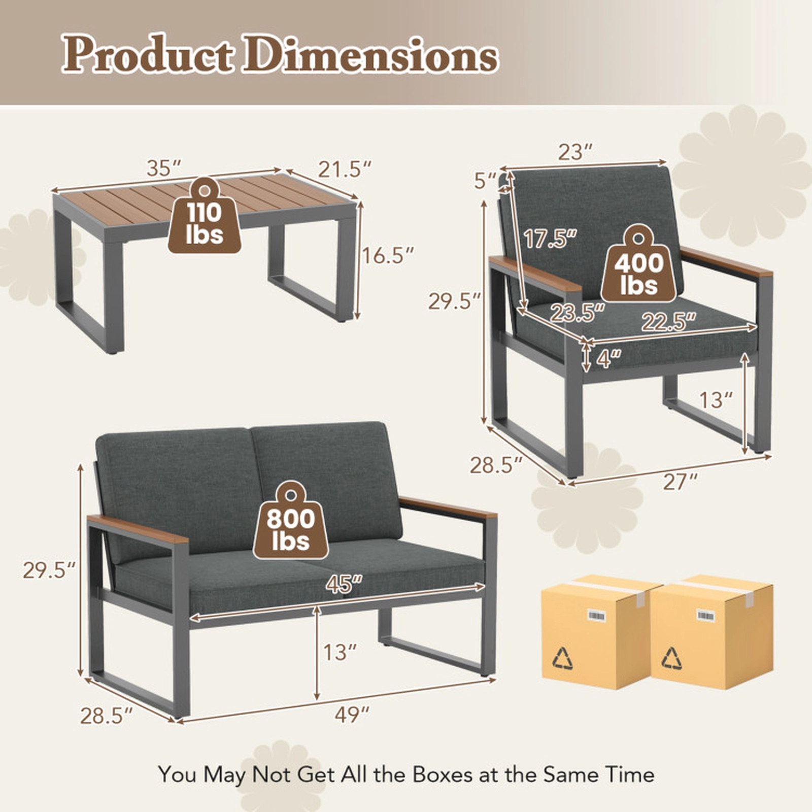 SUGIFT 4-Piece Gray Aluminum Patio Conversation Set with Loveseat, 2 Armchairs and Coffee Table