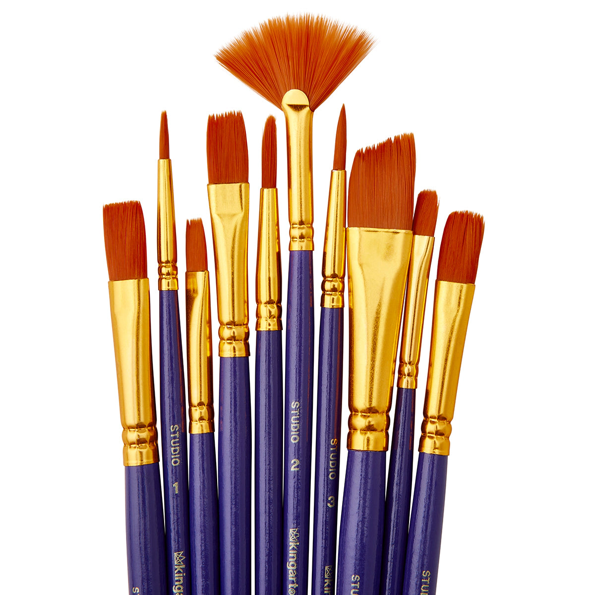 KINGART Studio Gold Nylon Brush Set - 10 pc Acrylic Watercolor Oil