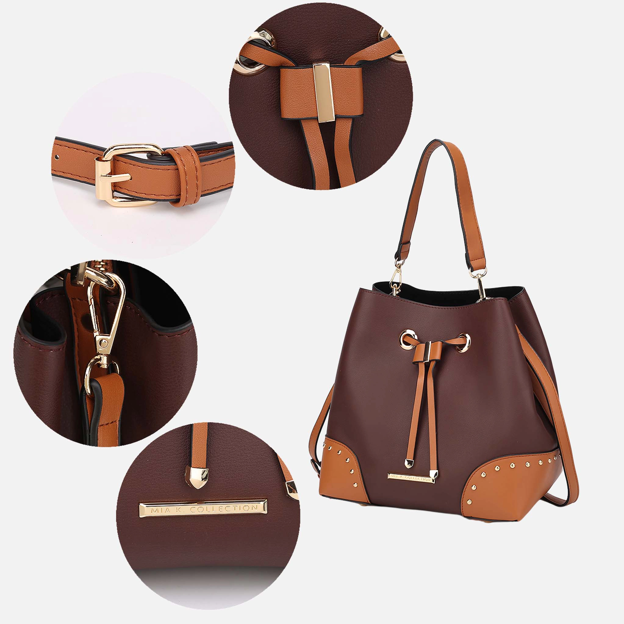 Mia K Collection Candice Color Block Vegan Leather Bucket Bag with Matching Wallet