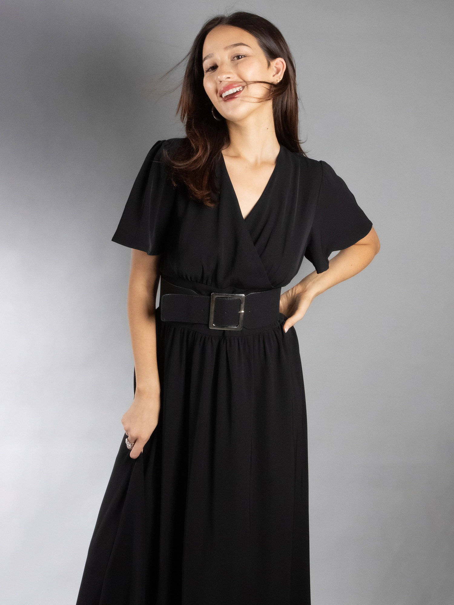 JESS by Meiko Women's Flutter Sleeve Waistband Midi Dress