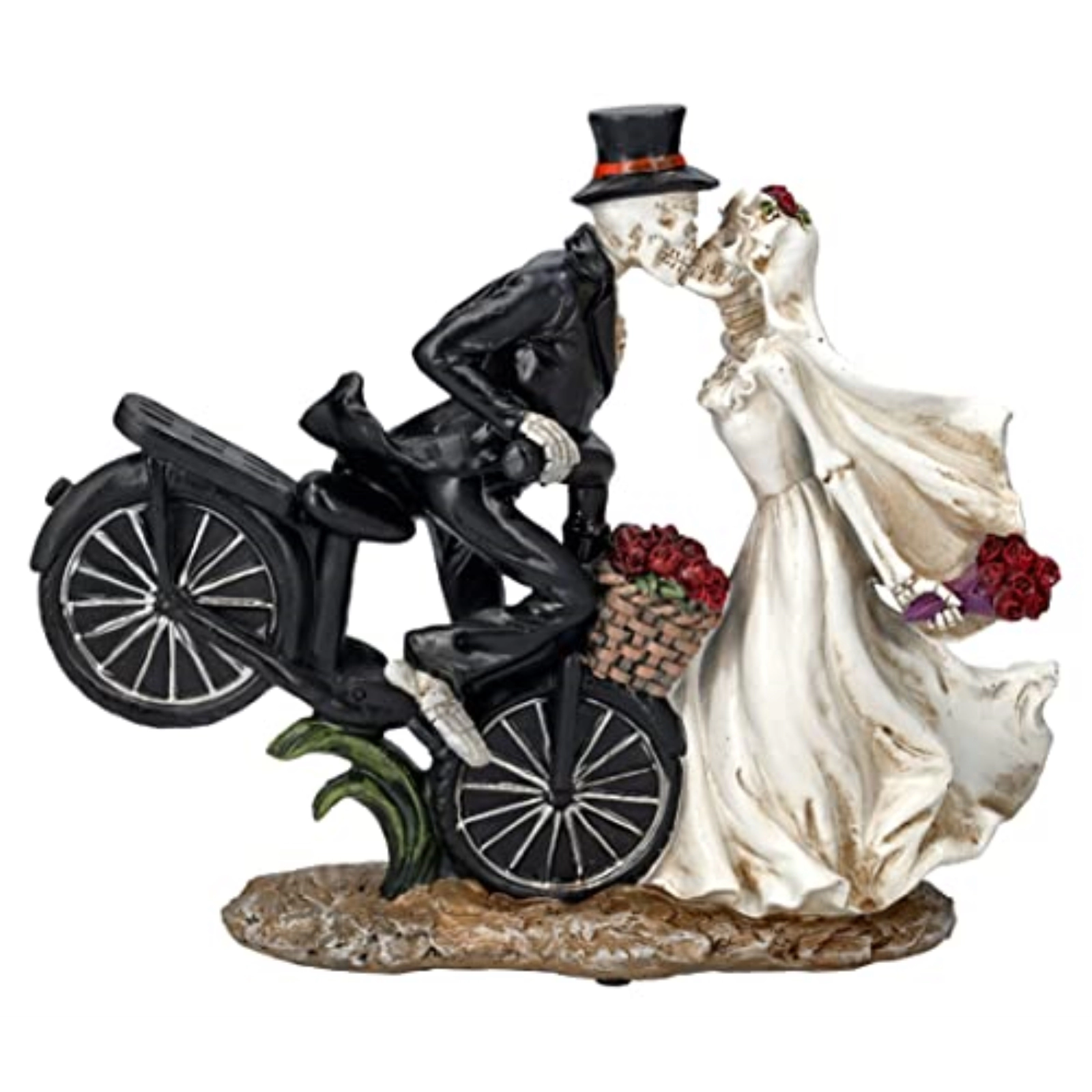 Pacific Giftware Love Never Dies Newly Wed Skeleton Couple Kissing Rose Basket Bike Statue 12.2 inch Tall