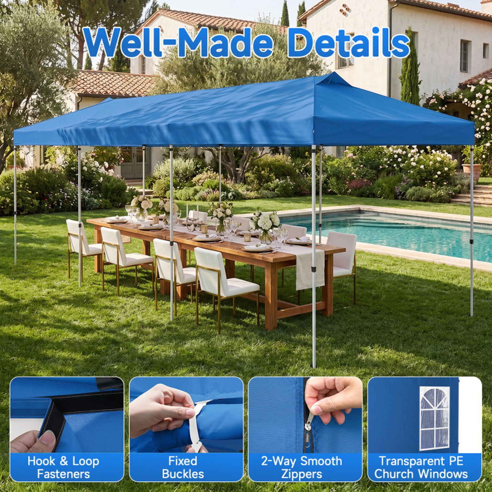 SUGIFT Blue 10-ft by 30-ft 3-Level 210D Oxford Pop Up Canopy Tent with 8 Sidewalls and Church Windows