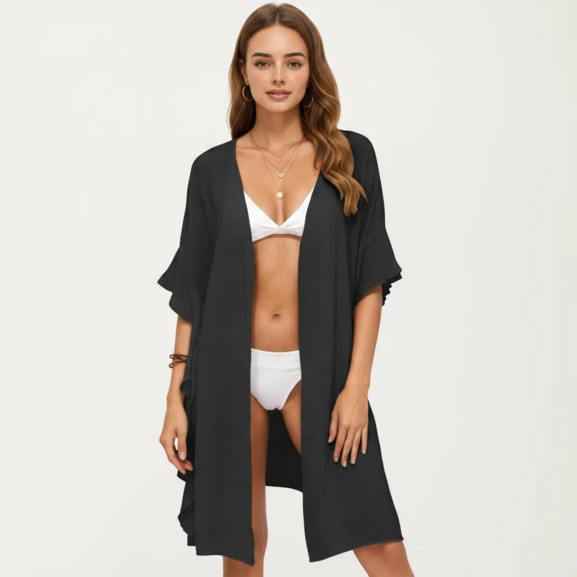 Anna-Kaci Women's Open-Front Swim Cover Up Kimono with Ruffle Sleeves Lightweight Beach Cardigan