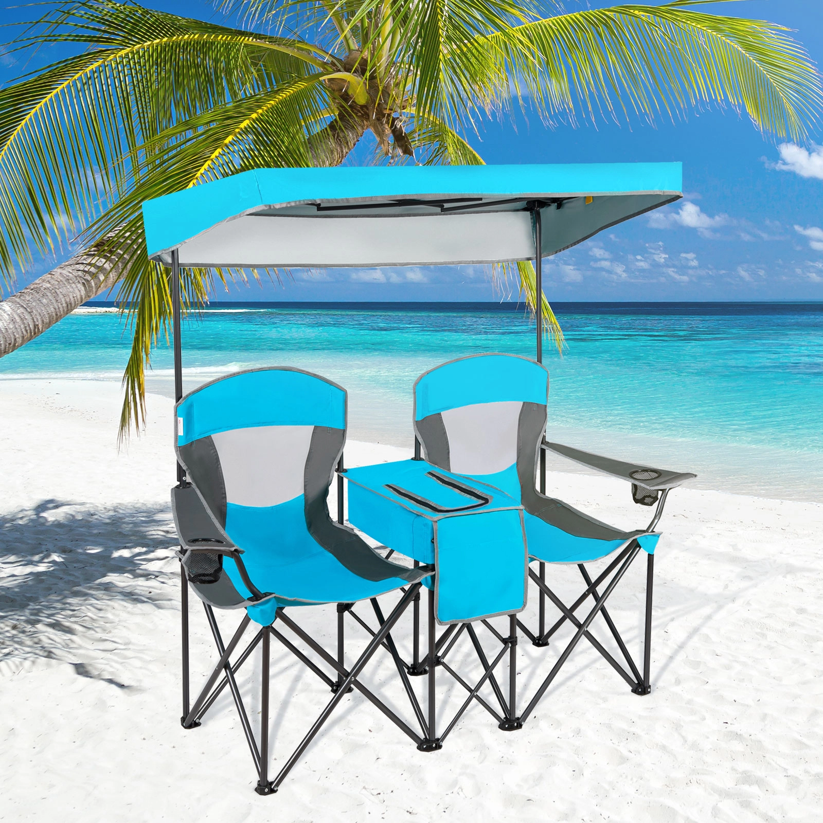 SUGIFT Blue Double Folding Camping Chair with Adjustable Canopy and Cooler Bag 55.5-in W 28.5-in D 265-lb Per Seat