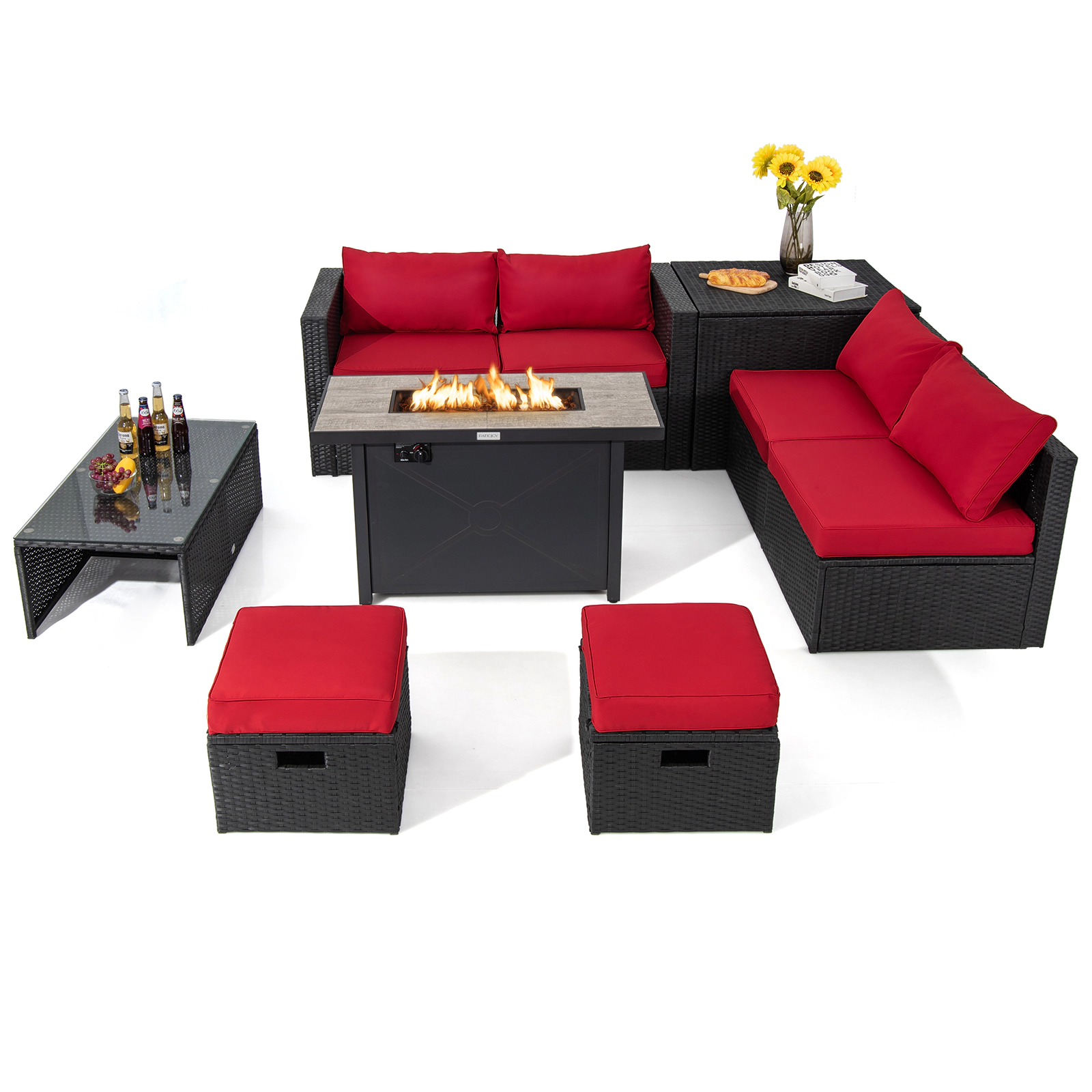 LJG 9 Pieces Outdoor PE Rattan Wicker Sectional Sofa with 42 Inch 60 000 BTU Gas Fire Pit Table