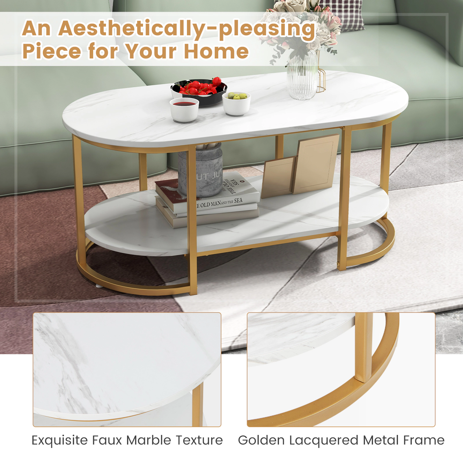 Glintex 2-Tier 39.5-Inch Faux Marble Coffee Table with Metal Tube Frame