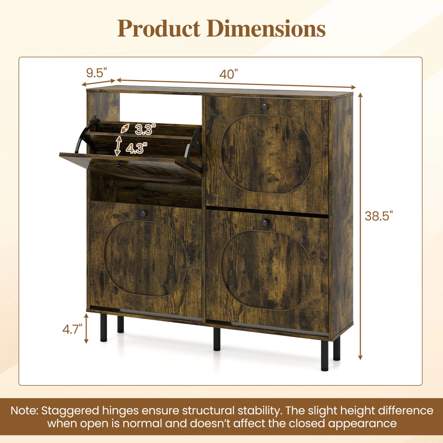 LJG Shoe Storage Cabinet with 4 Flip Drawers and Aluminum Legs