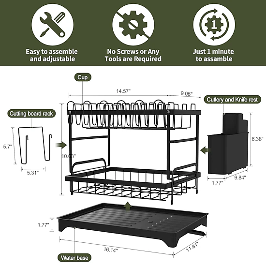 Mega Casa Kitchen Dish Rack, 2 Tier Anti-Rust Dish Drying Rack Set with Drainage Spout