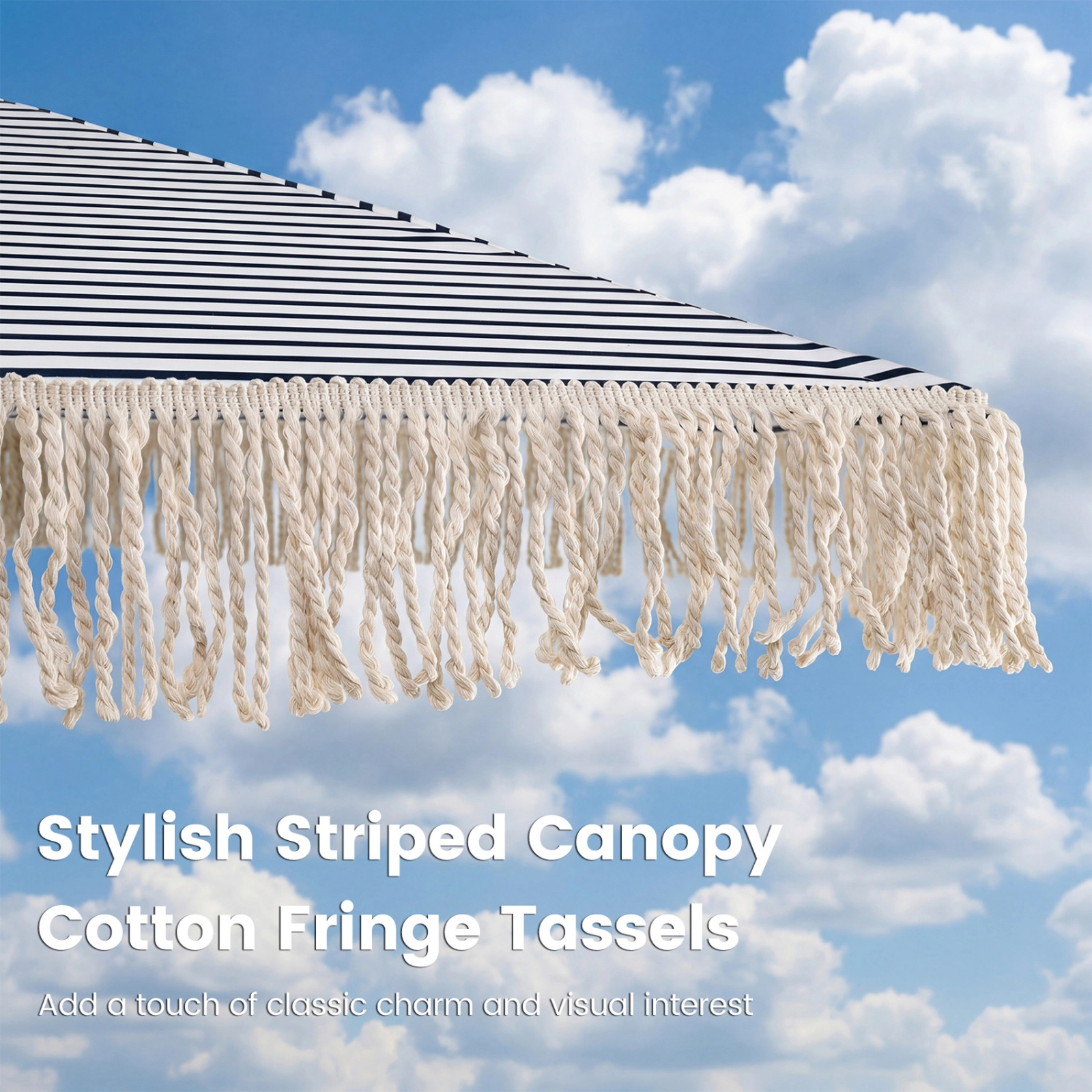 SUGIFT 7-ft Striped Patio Umbrella with Fringe Boho Tassel Sun-Protective Beach Umbrella Blue White Natural