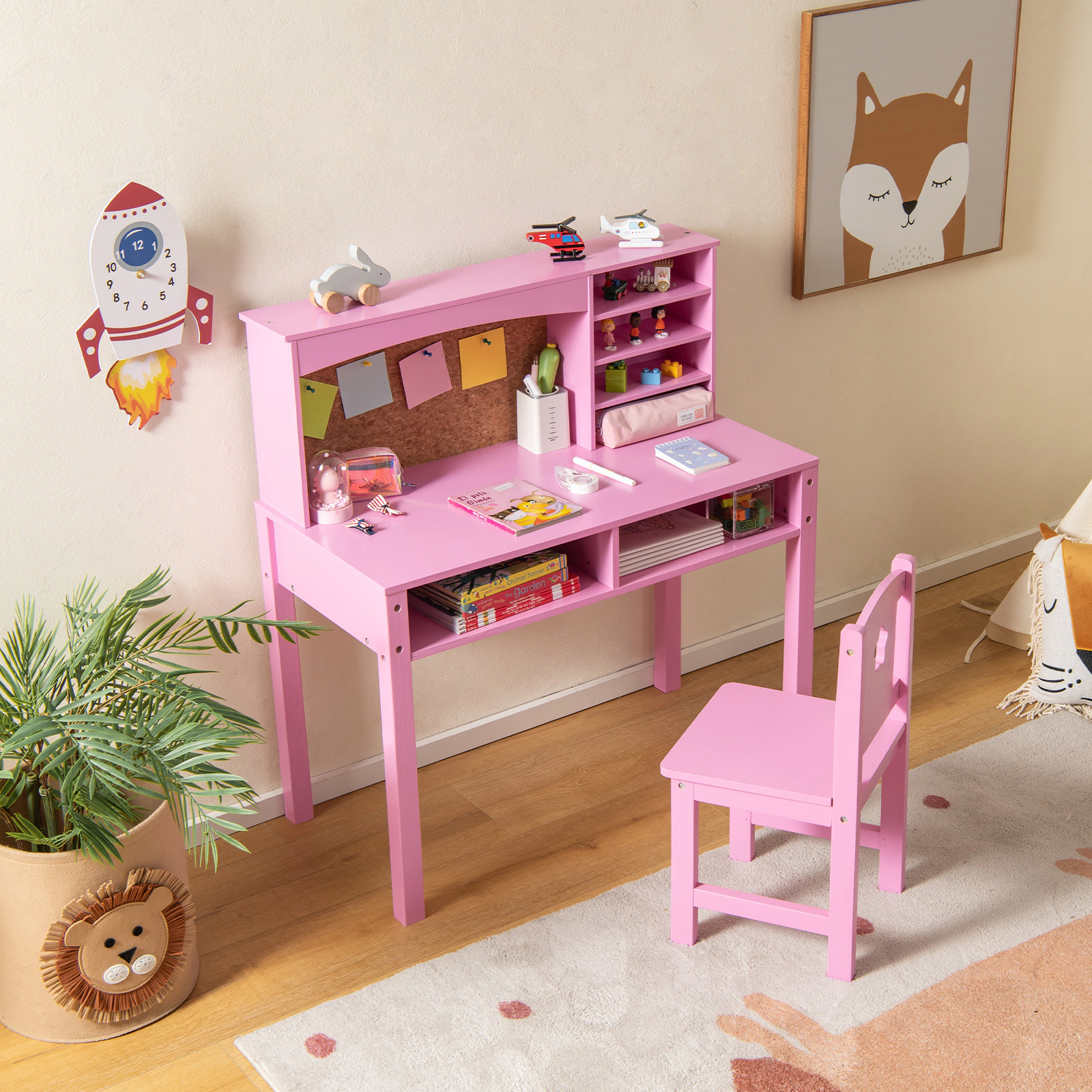 SUGIFT Kids Desk and Chair Set with Hutch and Cork Bulletin Board 44-lb Desk 88-lb Chair Ages 3+ Pink/White