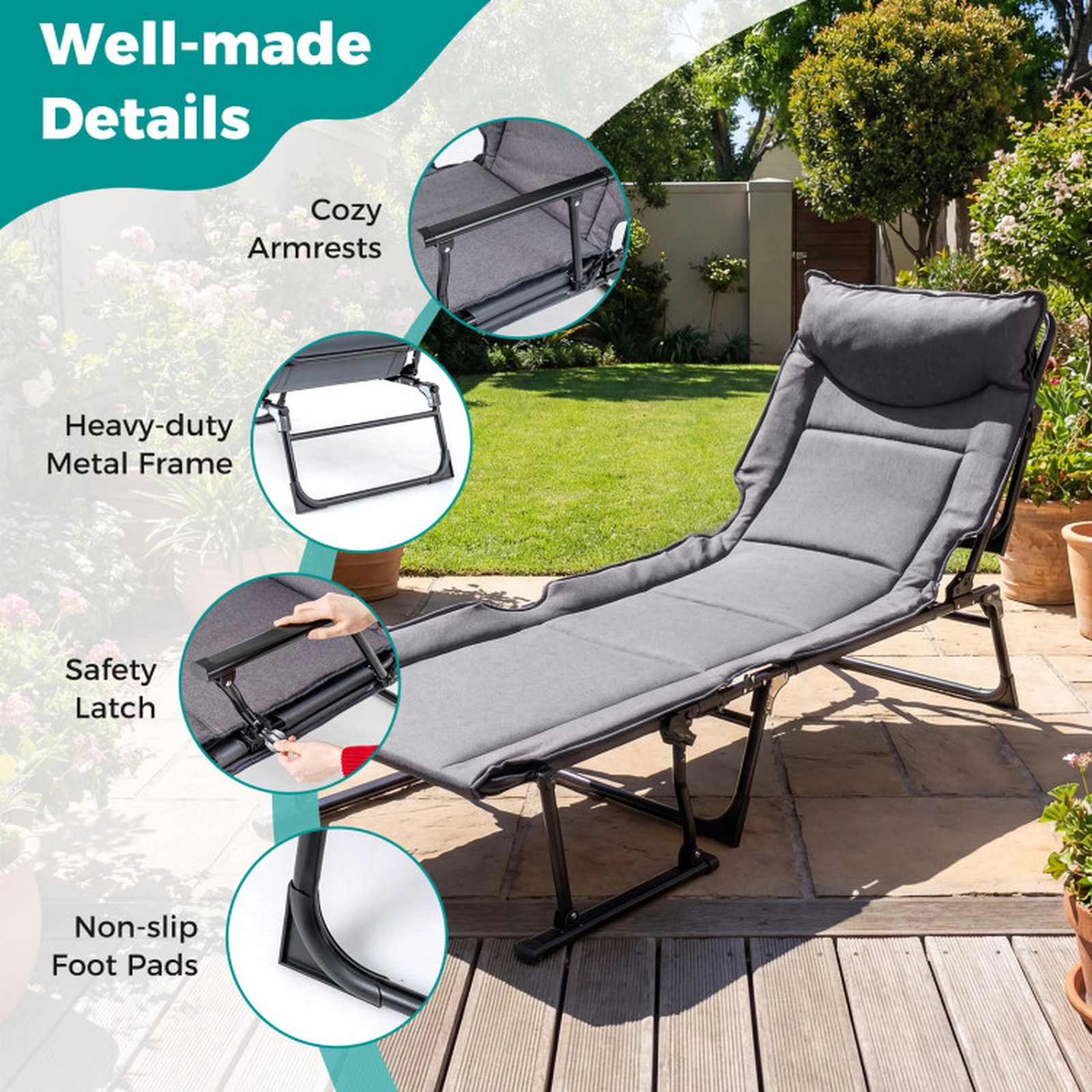 SUGIFT 3-in-1 Folding Camping Cot Convertible Single Sofa Chair 375-lb Capacity Gray and Black 71-in Bed 26-in Wide Seat