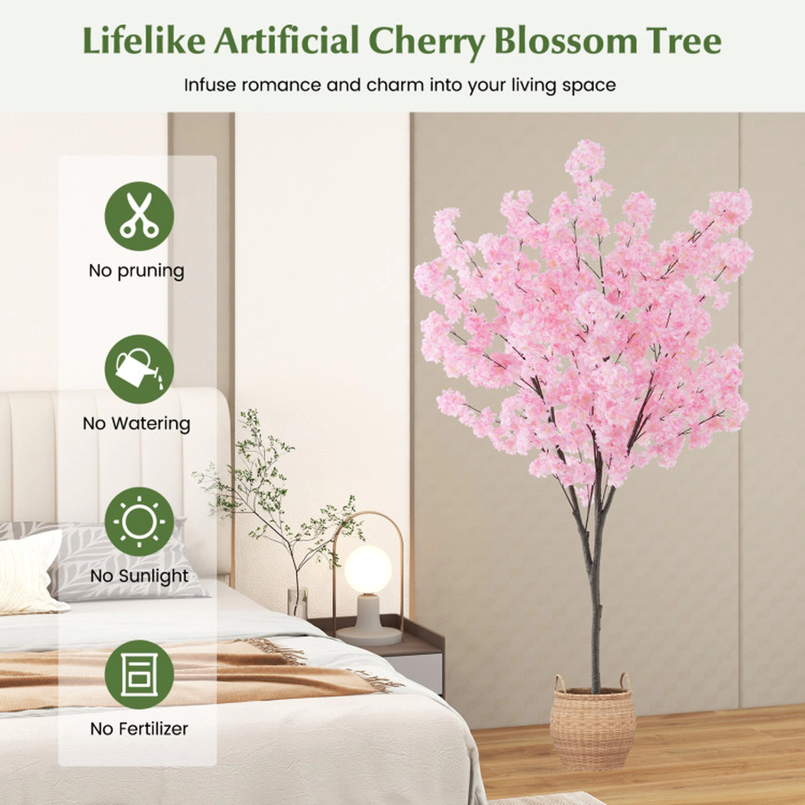 SUGIFT 6.5-ft 900 Blossoms Simulated PE Trunk Artificial Cherry Blossom Tree 8-in x 8-in x 74.8-in 11-lb Pink
