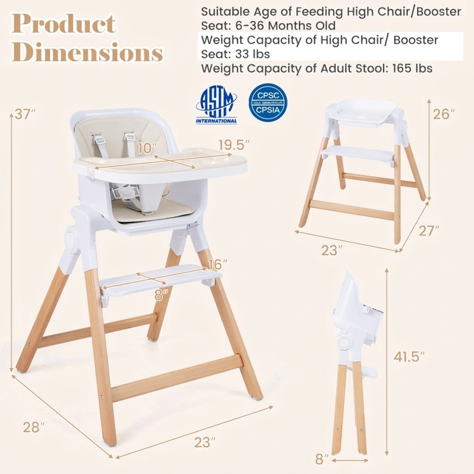 SUGIFT 4-in-1 Convertible Baby High Chair with Detachable Adjustable Tray 33-lb Capacity Ages 6-36 Months Beige