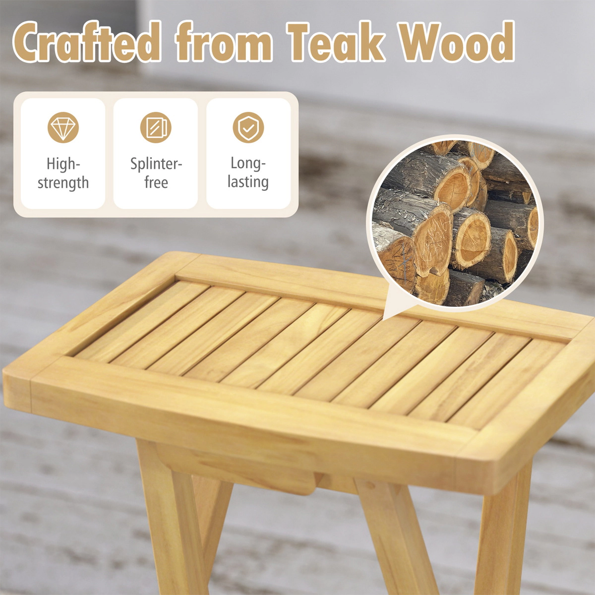SUGIFT Set of 2 Folding Teak Wood Bar Stools with Saddle Seat 350-lb Capacity Natural Outdoor Bar Seating