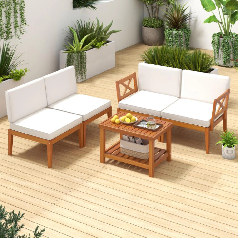 Hivvago 5 Pieces Acacia Wood Patio Furniture Set Outdoor Sectional Conversation Set With Cushions-Off White