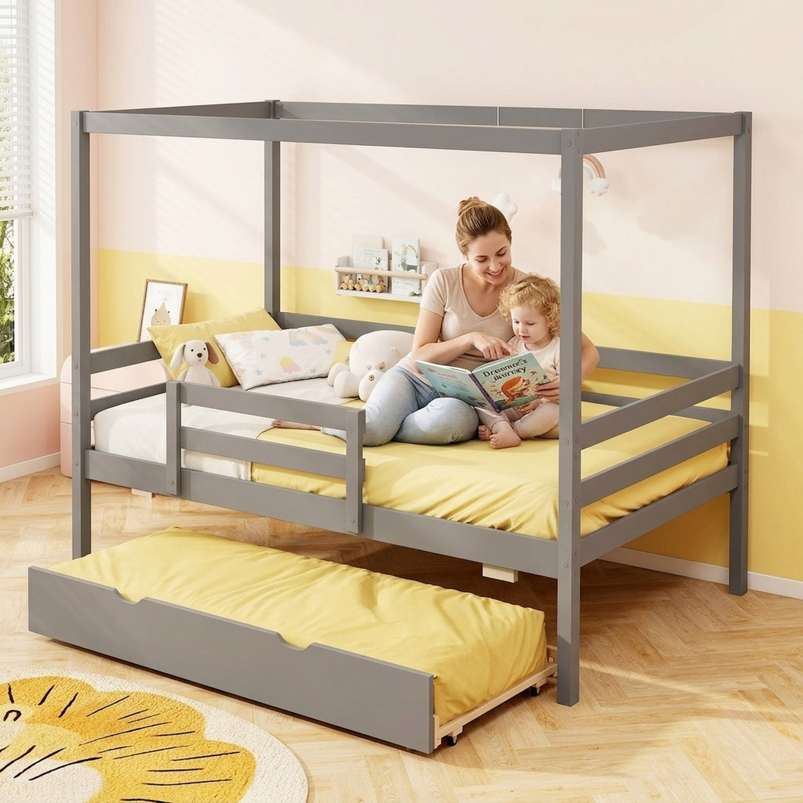 SUGIFT Twin House Bed with Trundle, Roof, Chimney, Window and Guardrails, Gray