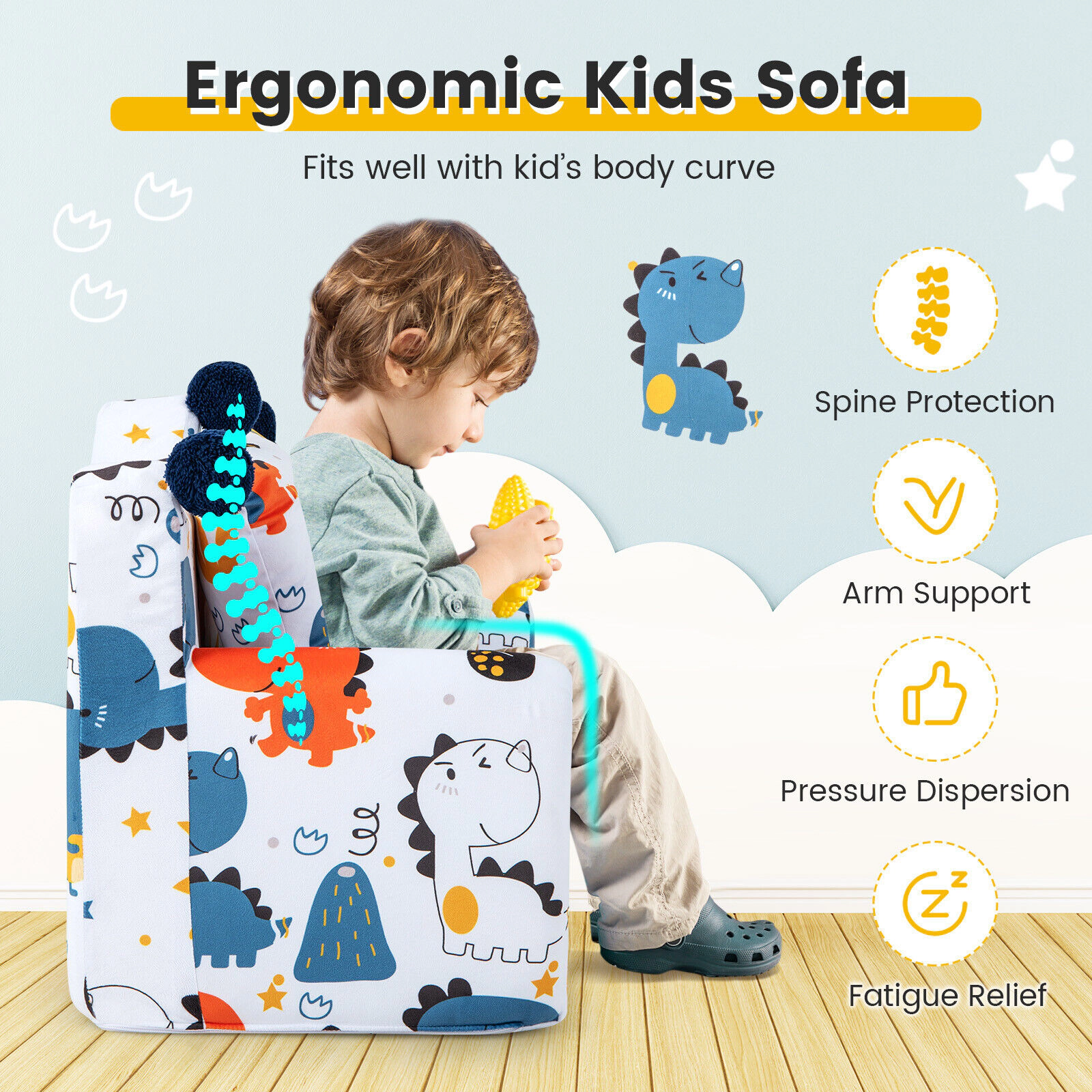 SUGIFT High-Density Padding Kids Sofa Chair with Armrest and Pillow 110-lb Capacity Ages 0-5 Blue