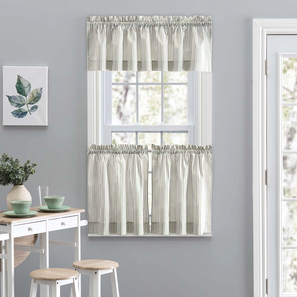 Ellis Curtain Plaza Classic Ticking Stripe Printed on Natural Ground 1.5" Rod Pocket Tailored Tiers 56" x 36"  Sage