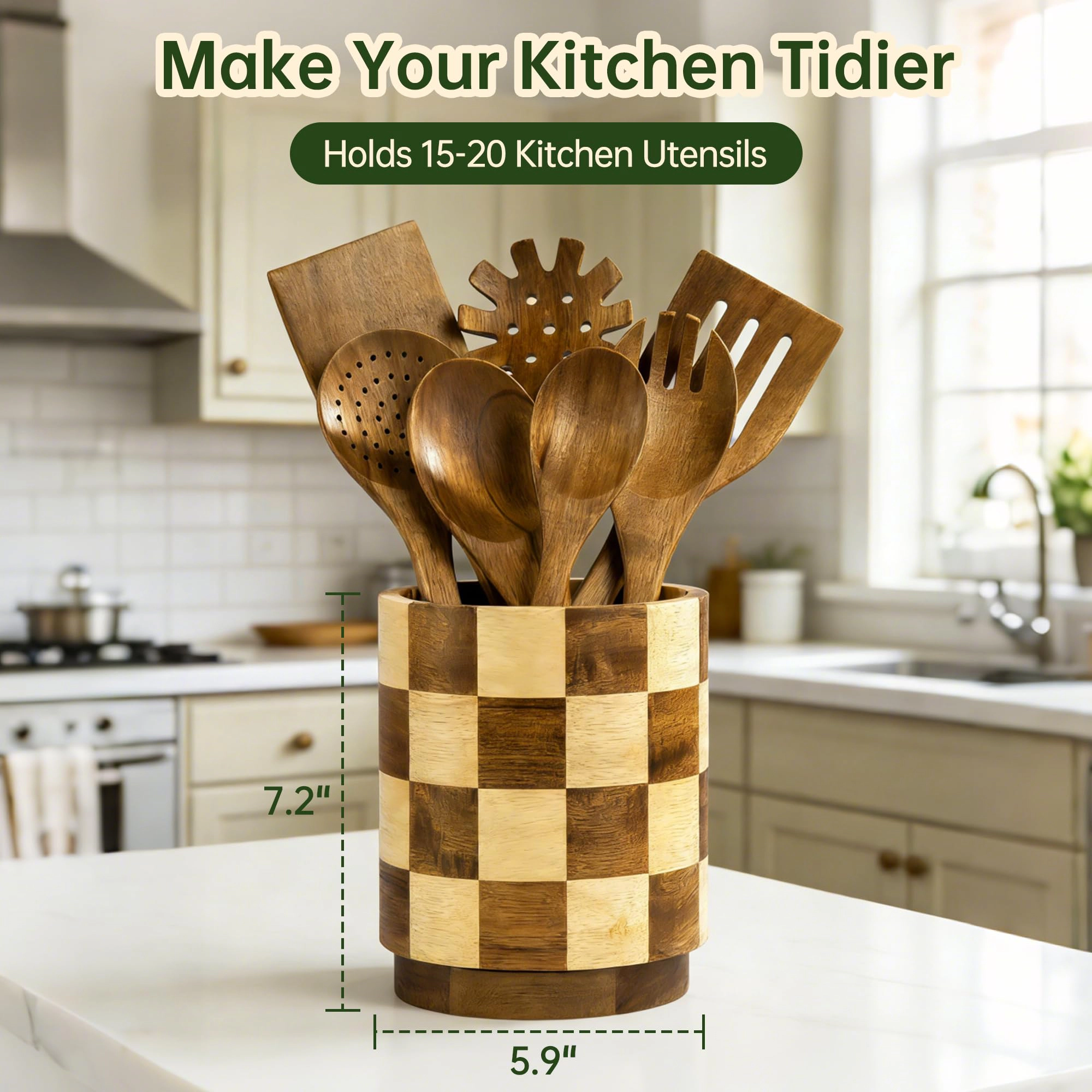 WZK 360 Rotating Acacia Wood Kitchen Utensil Holder