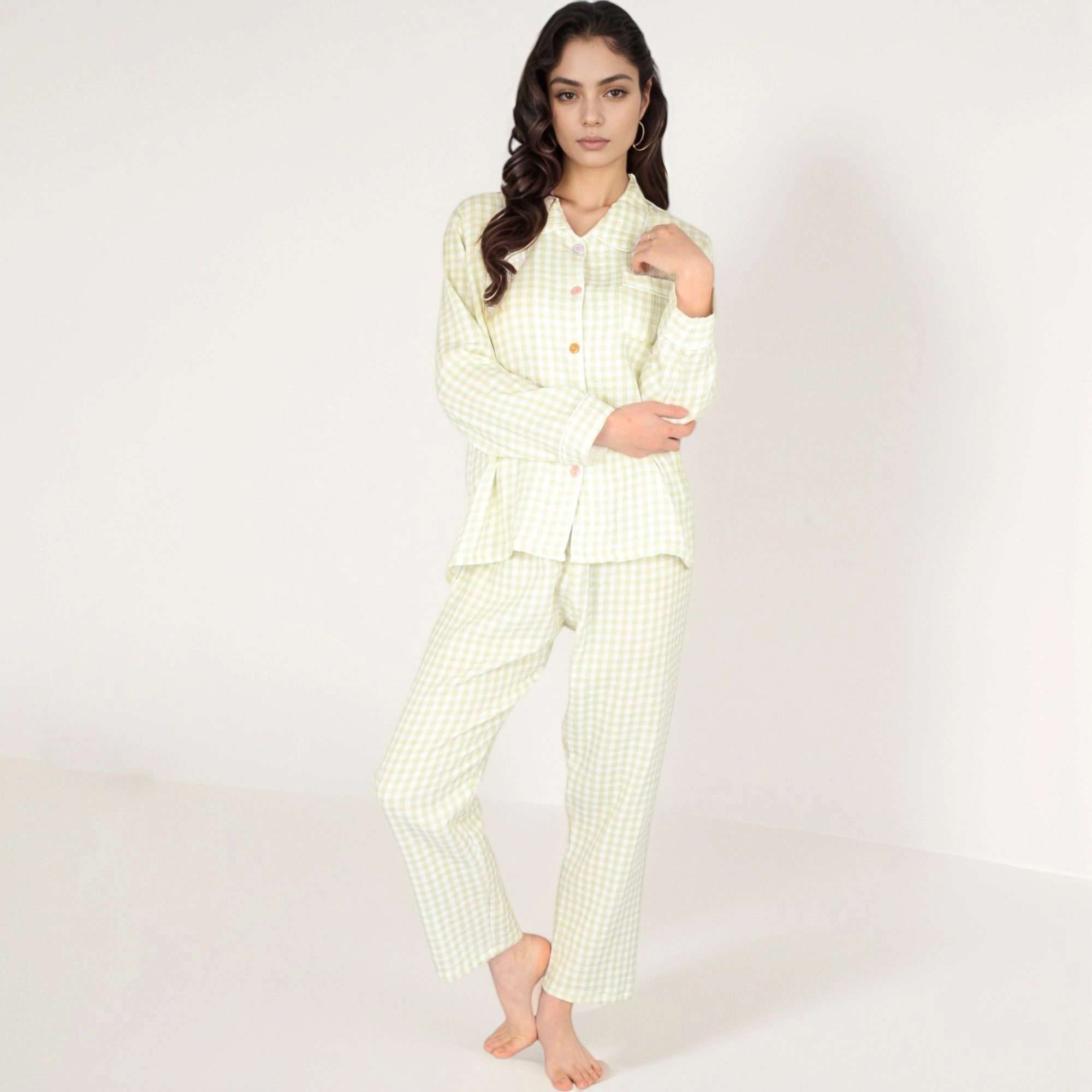 Anna-Kaci Women's Gingham Long Sleeve Pajama Set with Colorful Buttons Chest Pocket and Relaxed Fit Straight Pants