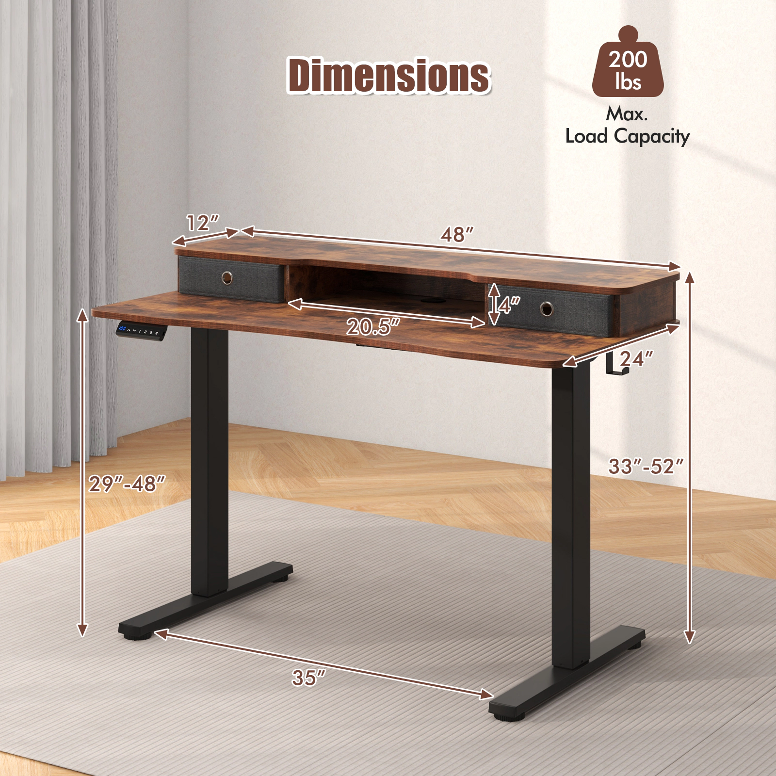 SUGIFT 48-in x 24-in Rustic Brown Wood Sit Stand Adjustable Standing Desk with Drawers for Home Office