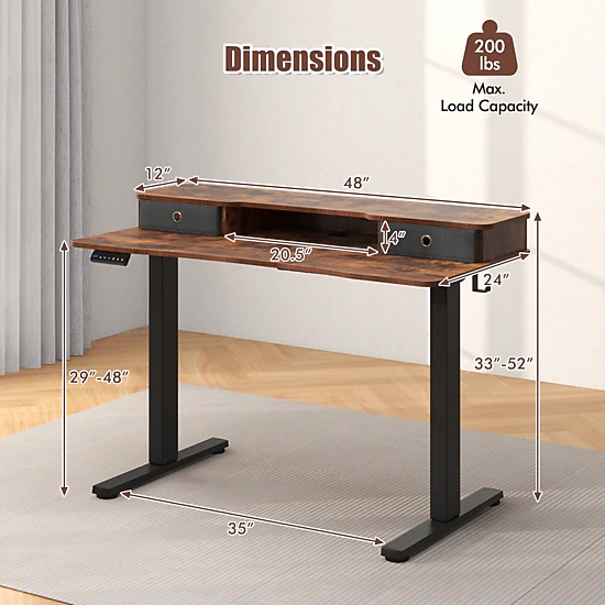 SUGIFT 48-in x 24-in Rustic Brown Wood Sit Stand Adjustable Standing Desk with Drawers for Home Office