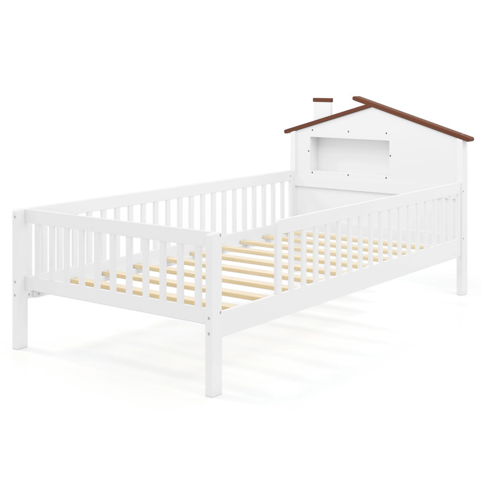 SUGIFT Kids Twin Size Montessori House-Shaped Headboard Solid Pine Bed 82-in x 44.5-in x 36.5-in 440-lb Capacity White