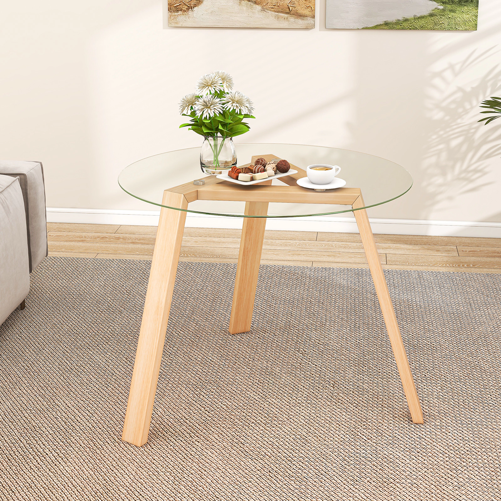 LJG 36 Inches Round Glass Dining Table for 4 with Rubber Wood Frame