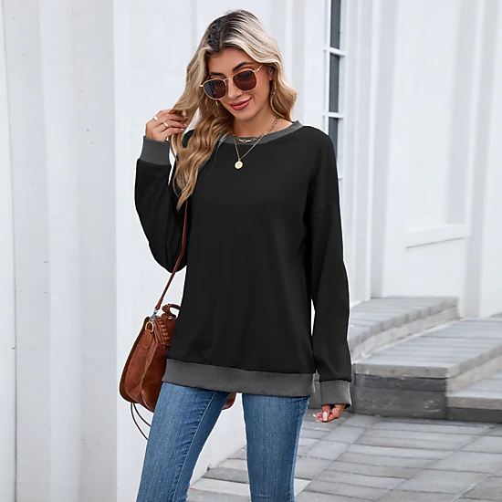 Enchanted Funland Womens Color Block Crew Neck Contrast Ribbed Pullover Sweatshirt