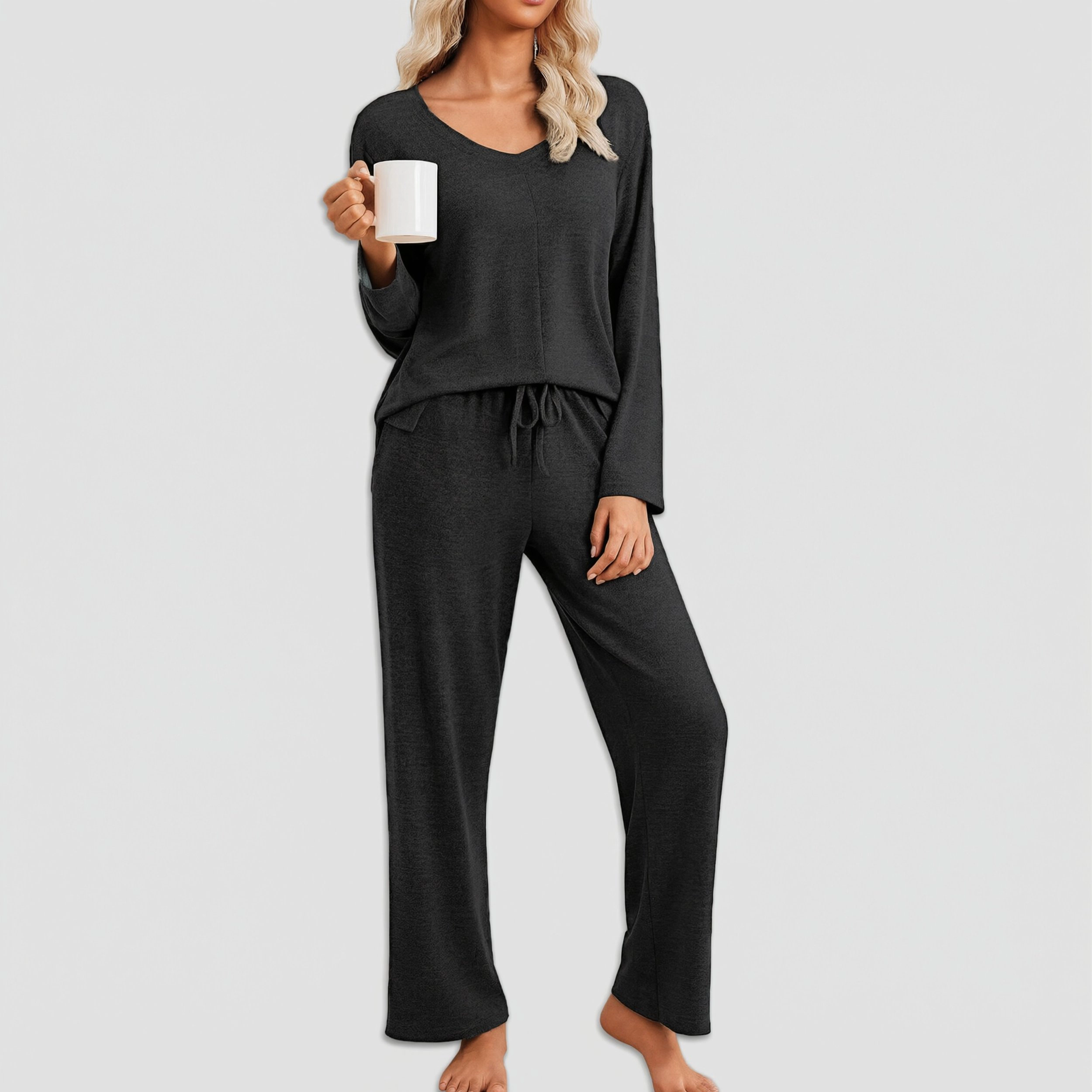 Ekouaer Pajamas Set Long Sleeve Two Piece Lounge Sets V Neck Matching Sleepwear Fall Winter