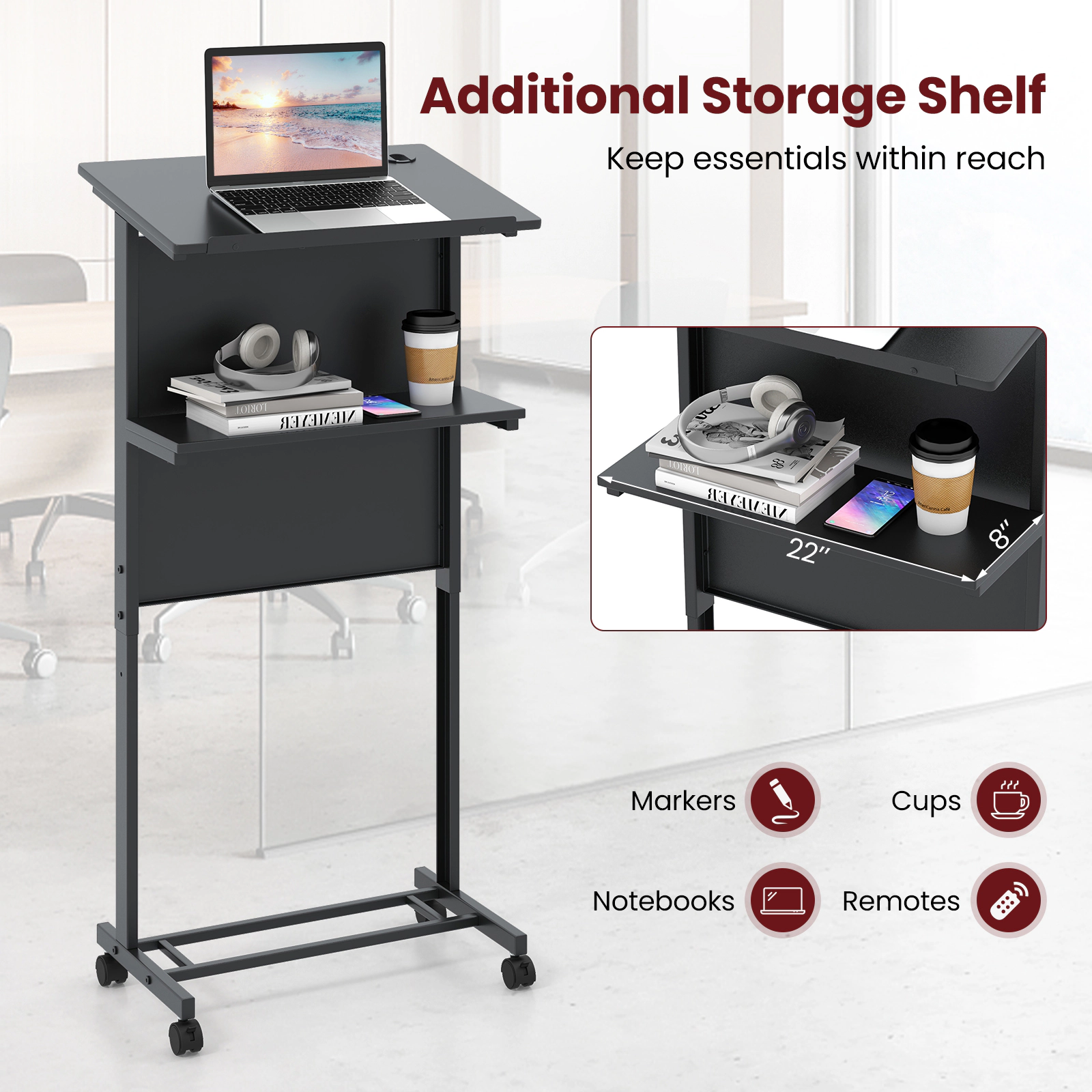 SUGIFT 3-Position Height Adjustable Lectern Lap Desk Table with Tilted Tabletop 45-lb Capacity with Storage Shelf Black