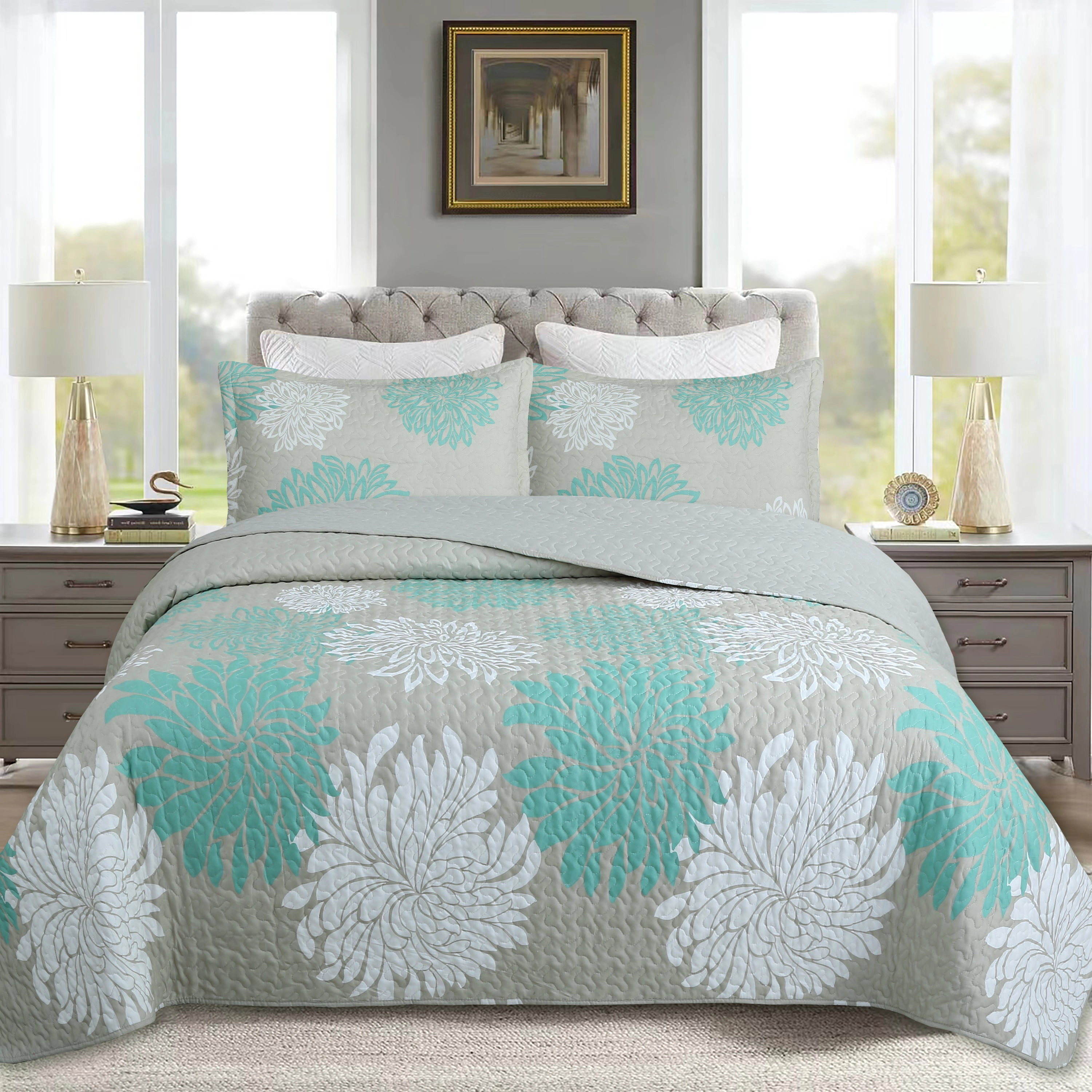 MarCielo 3 Piece Printed Leaf Lightweight Quilt Bedspread Set