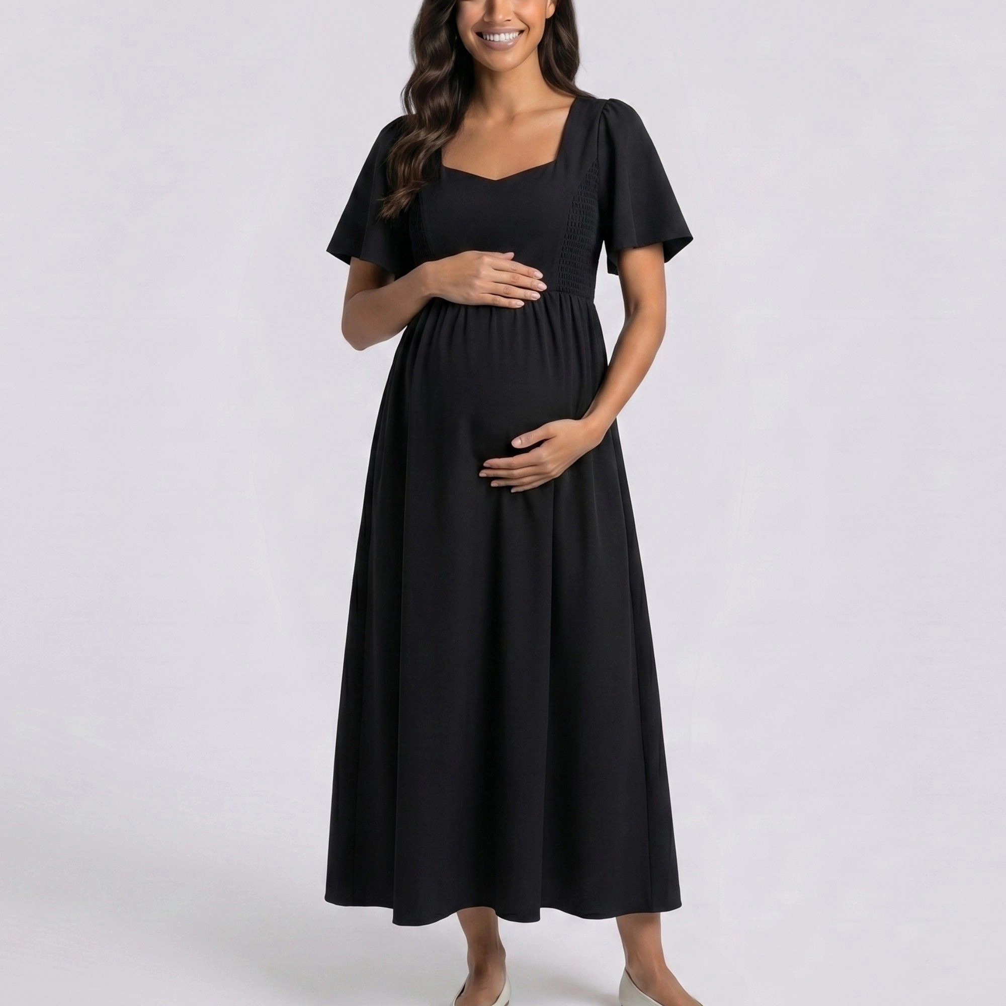 Anna-Kaci Women's Maternity V Neck Flutter Sleeve Smocked Empire Waist Midi Dress