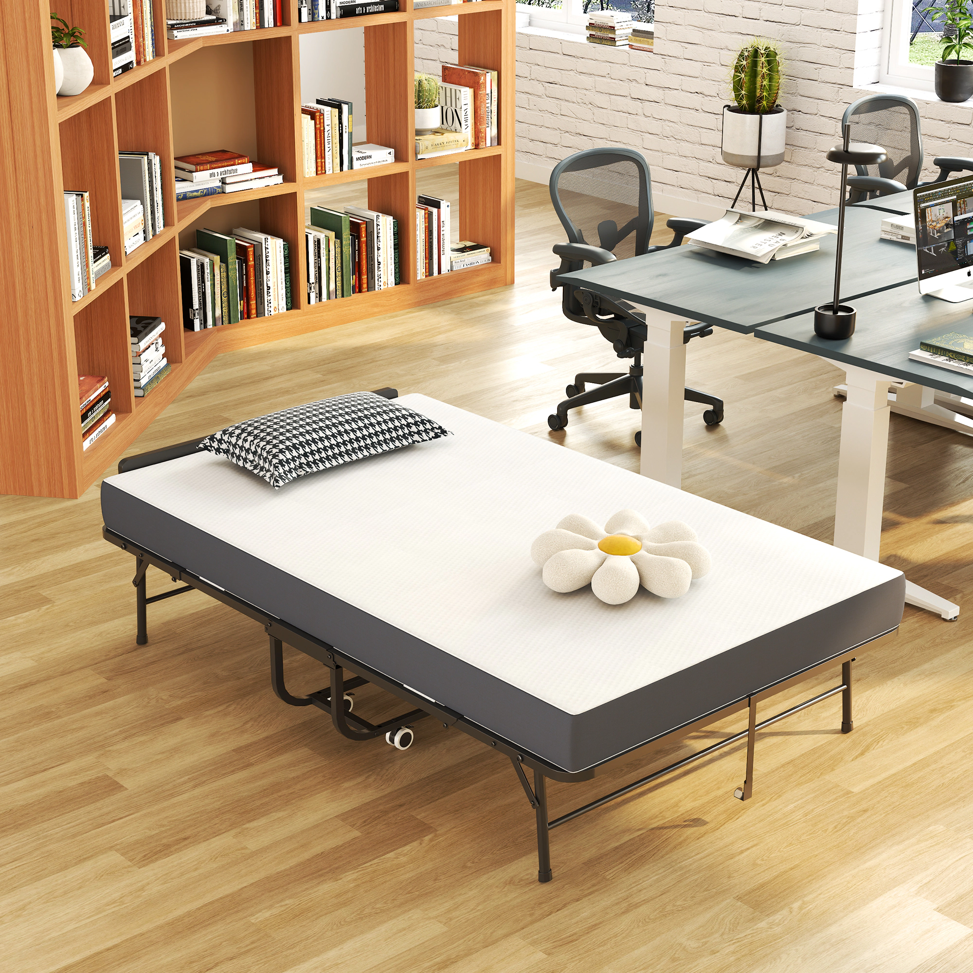 Flynama 75"x46" Folding Bed with Adjustable Headboard, 5" Memory Foam, Rollaway on Wheels