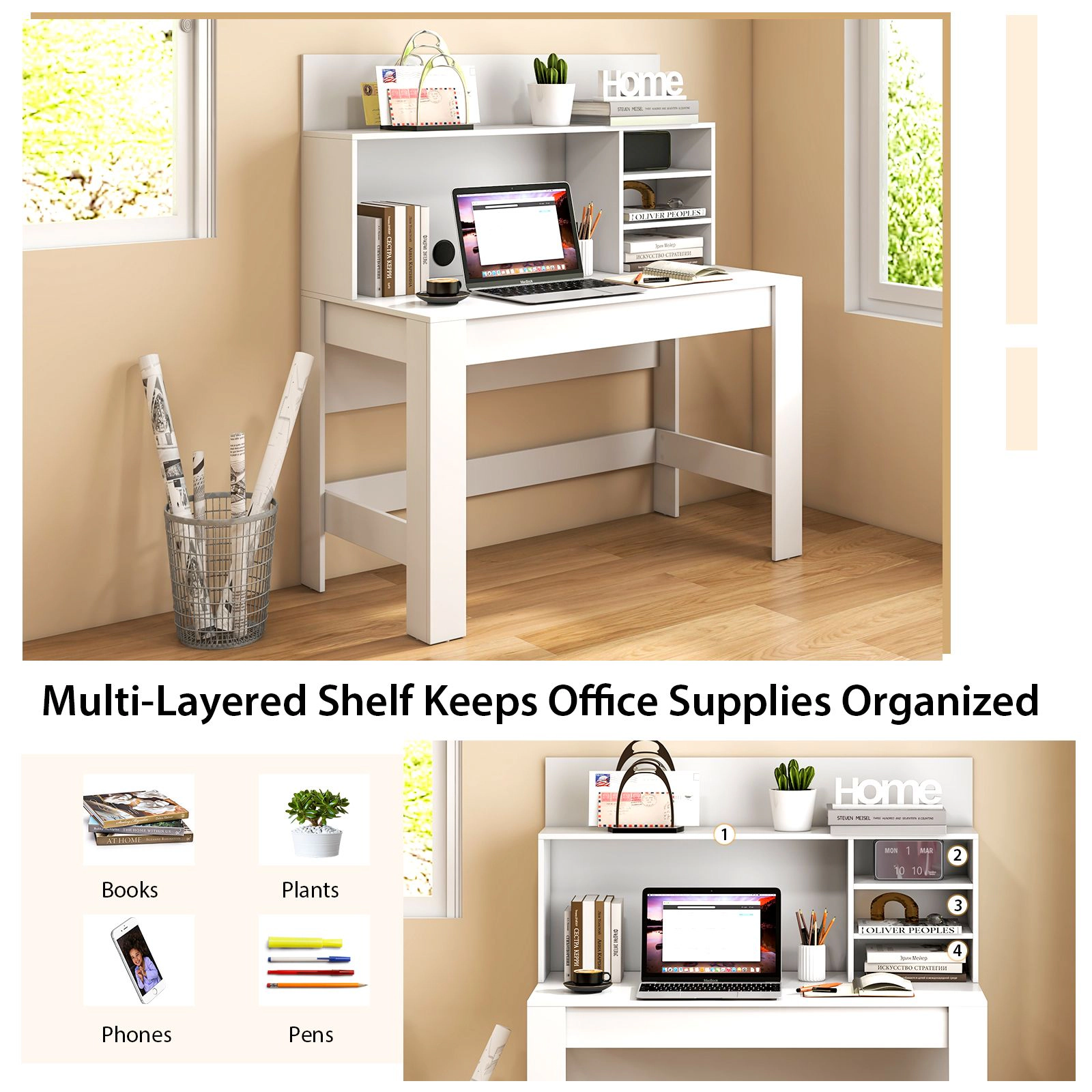 SlickBlue 48 Inch Computer Desk with Bookshelf and Cable Management
